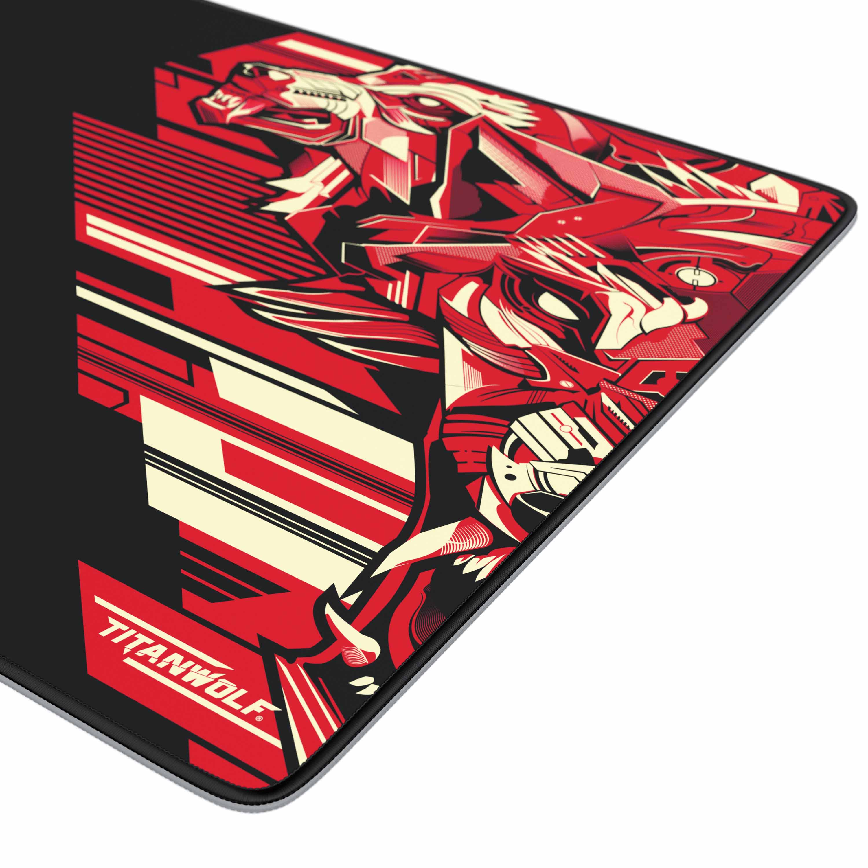 Mauspad mit rotem und schwarzem Wolfsdesign. Das Wort TITANWOLF ist sichtbar. Beige und schwarze Linien vorhanden.