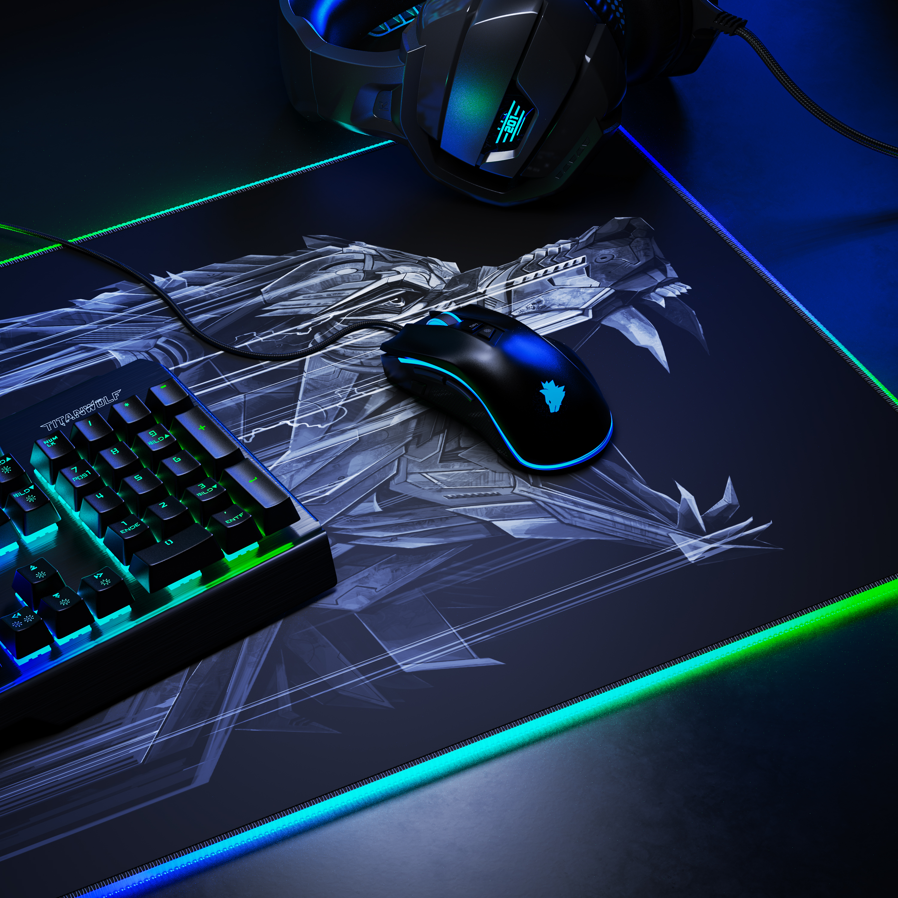 Ein Gaming-Setup mit Tastatur, Maus, Headset und Mauspad. Alles mit blauer und grüner LED-Beleuchtung.
