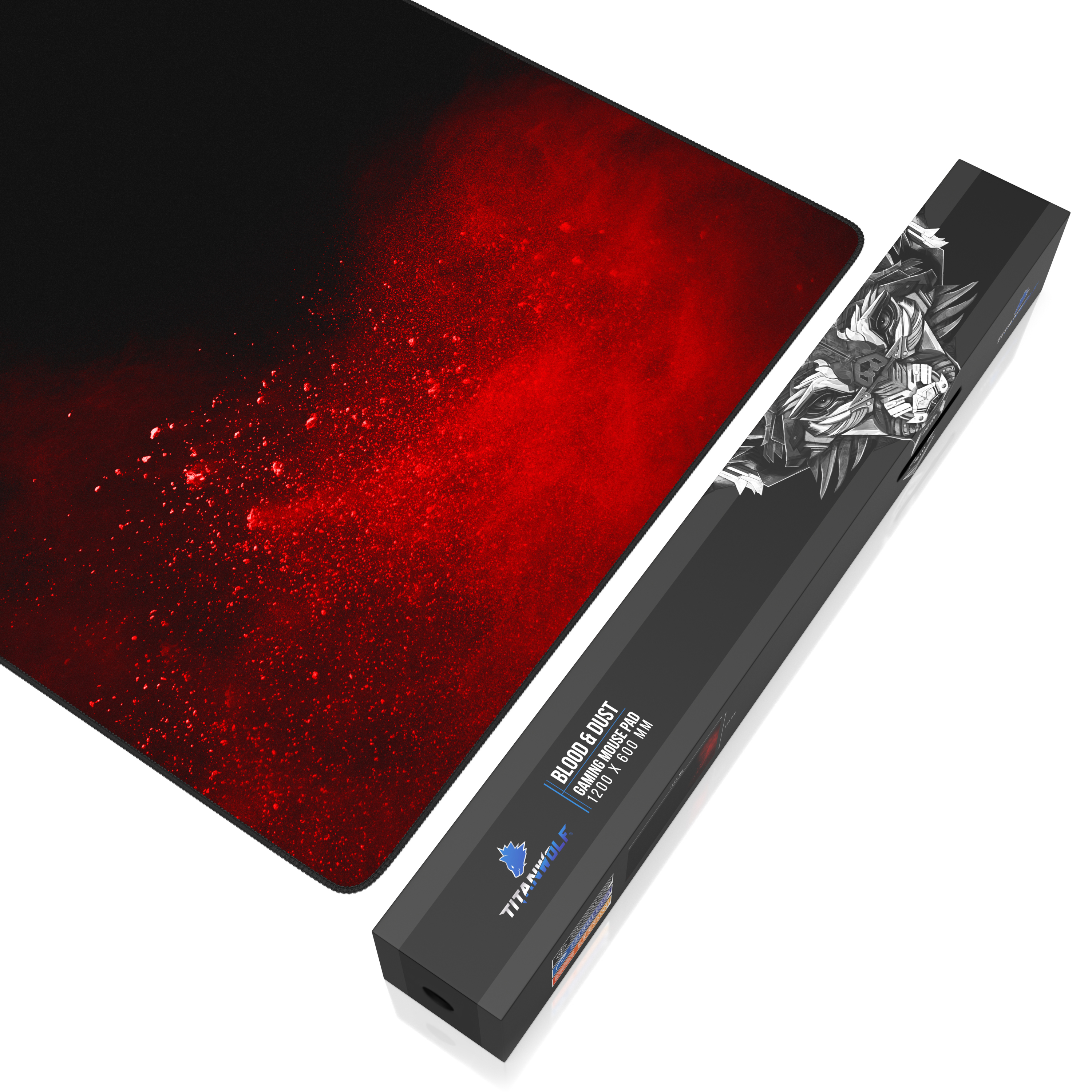 Ein Gaming-Mauspad mit rotem und schwarzem Design befindet sich neben einer schwarzen Schachtel mit einer Wolfsillustration.