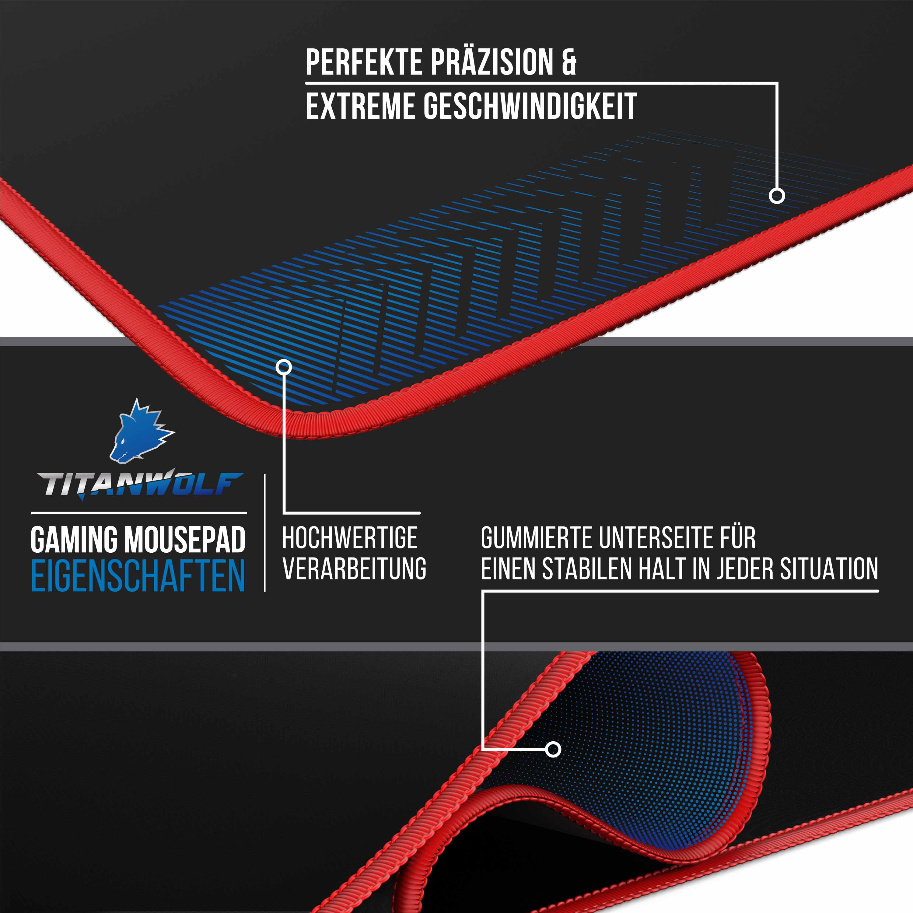Gaming-Mauspad mit roter Umrandung, schwarzer Oberfläche und blauem Design. Text: Perfekte Präzision, Extreme Geschwindigkeit.