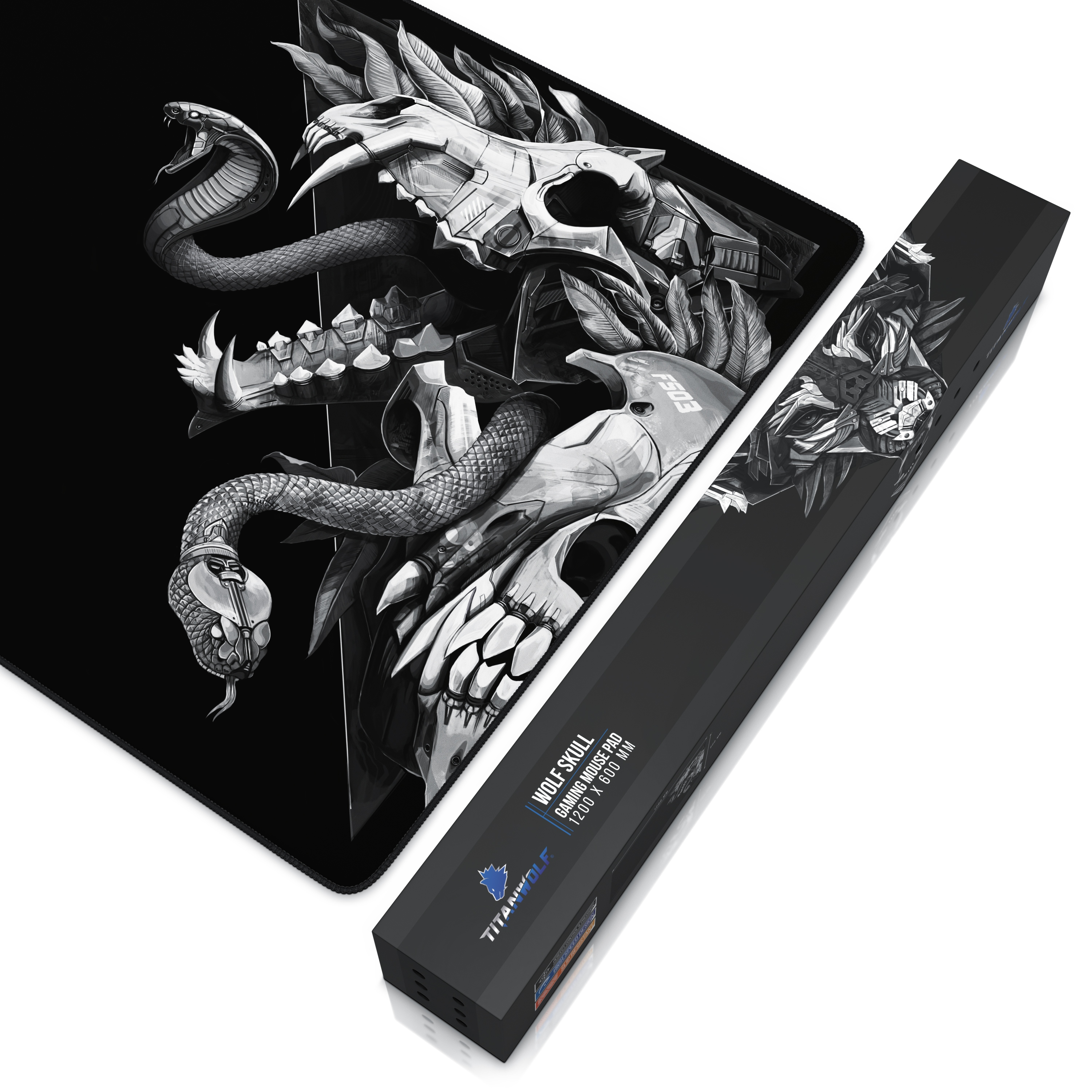 Gaming-Mauspad mit Schädel- und Schlangendesign. Eine schwarze Box auf der rechten Seite.