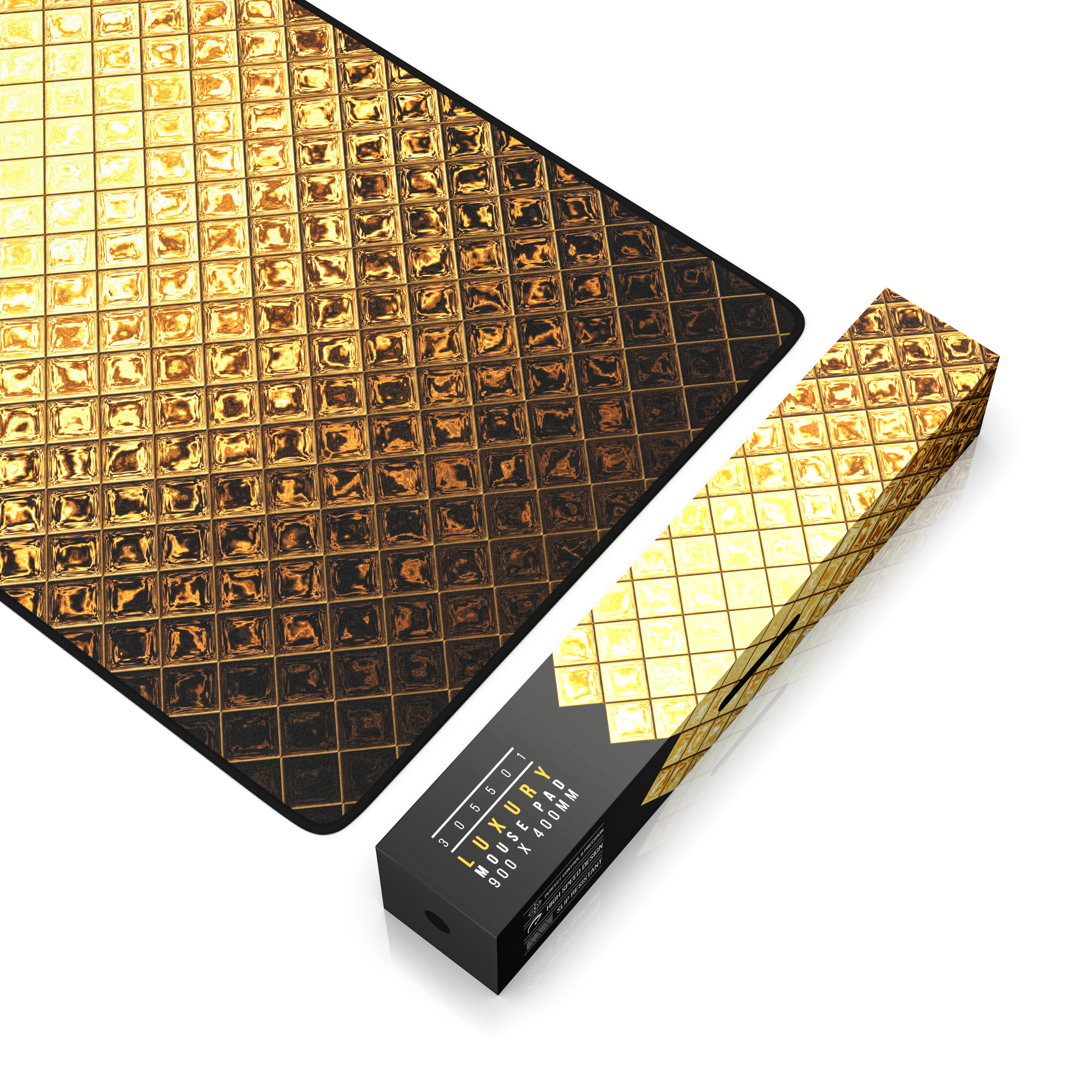 Ein goldenes Mauspads und eine Box mit Gittermuster. Die Box trägt die Aufschrift 'LUXURY MOUSE PAD'.