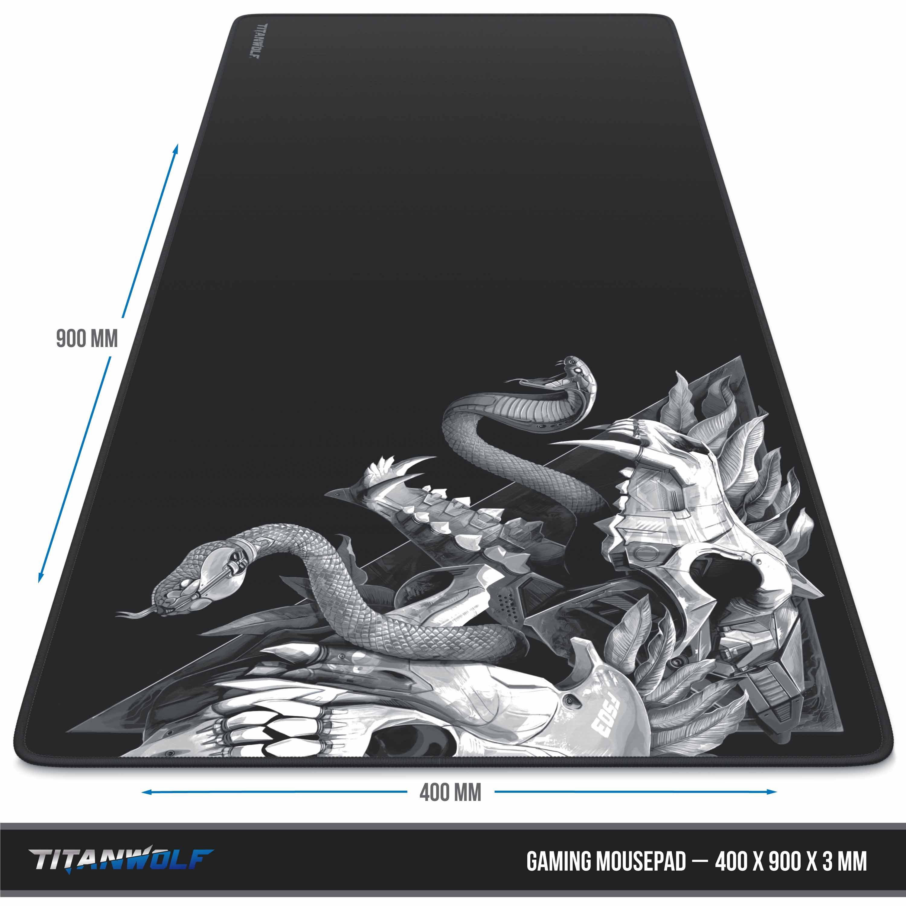 Schwarzes Gaming-Mauspad mit Schlangen- und Schädeldesign. Es hat die Maße 400x900x3mm.