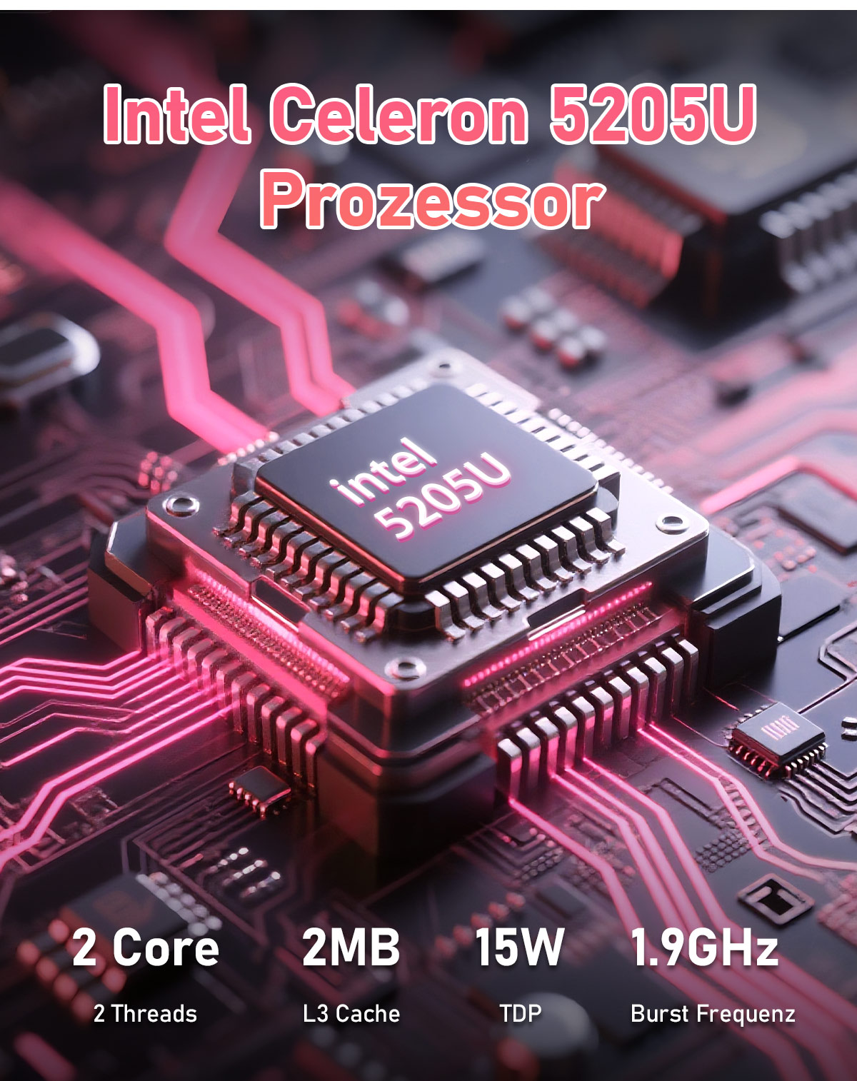 Intel Celeron 5205U Prozessor. Nahaufnahme einer Platine mit dem Prozessor in der Mitte. Spezifikationen: 2 Kerne, 2MB, 15W, 1,9 GHz.