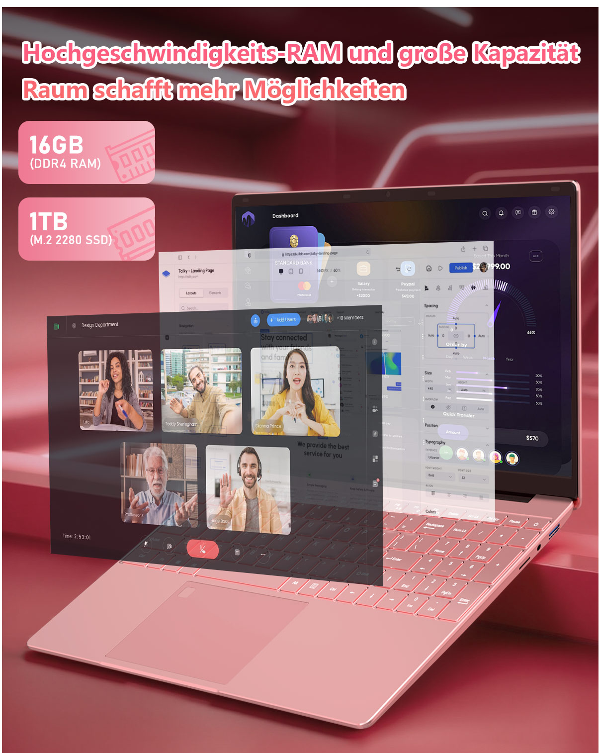 Rosa Laptop, der einen Videoanruf, eine Softwareschnittstelle und Text über RAM und SSD anzeigt.
