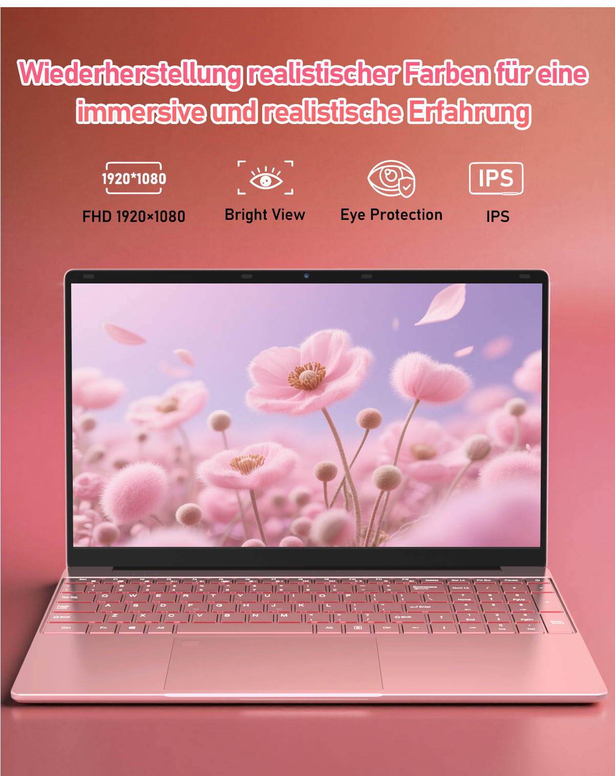 Ein pinkfarbener Laptop zeigt rosa Blumen. Tastatur und Rahmen sind ebenfalls pink. Text oben wirbt für Funktionen.