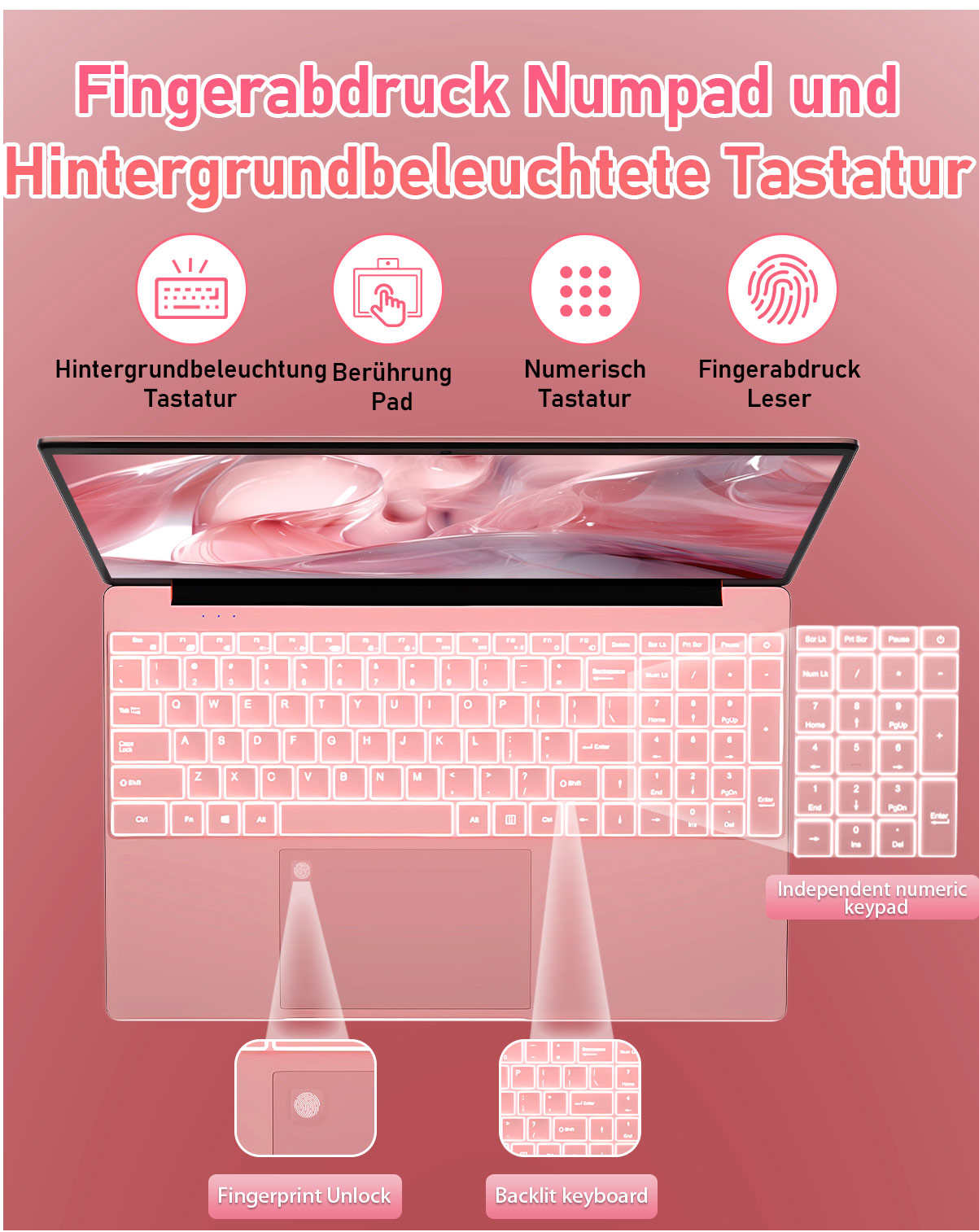 Rosa Laptop mit beleuchteter Tastatur und Fingerabdruck-Entsperrfunktion. Zeigt einen Ziffernblock und ein Touchpad.