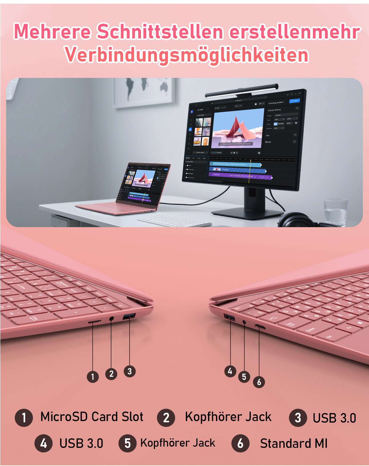 Rosa Laptop mit Anschlüssen, ein Monitor mit Videoschnittstelle und ein rosa Hintergrund. Text zeigt Verbindungsmöglichkeiten.
