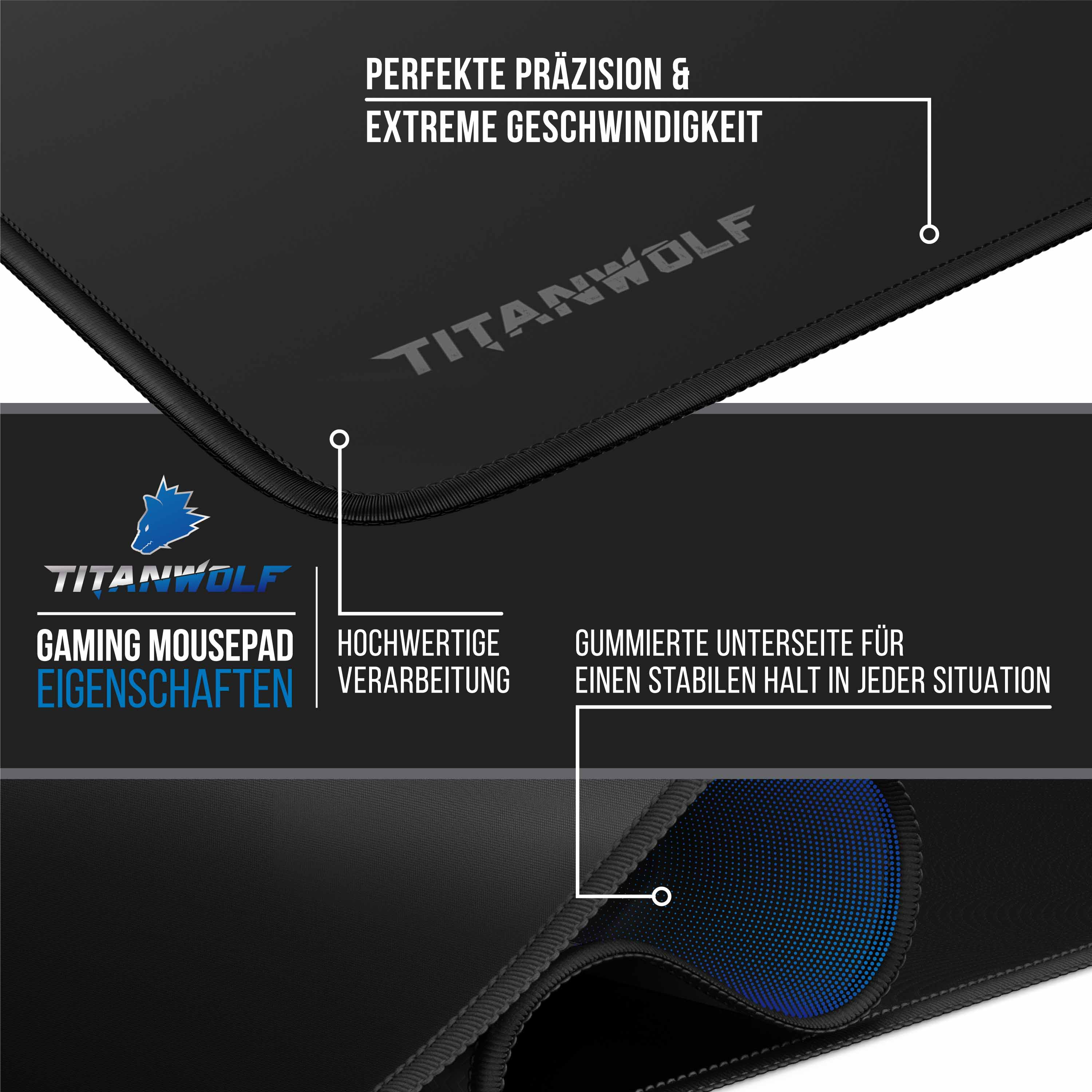 Schwarzes Gaming-Mauspad mit weißem Text und Produktdetails. Titanwolf-Logo und blaues Punktmuster unten.