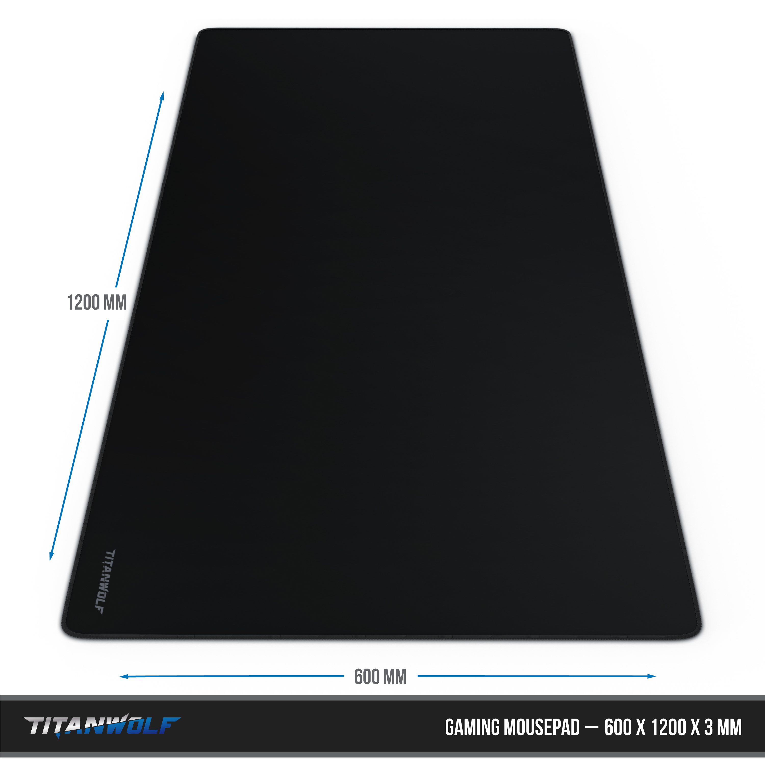 Schwarzes rechteckiges Gaming-Mauspad, 1200x600mm. Mit 'TITANWOLF'-Logo. Maße werden mit blauen Linien angezeigt.