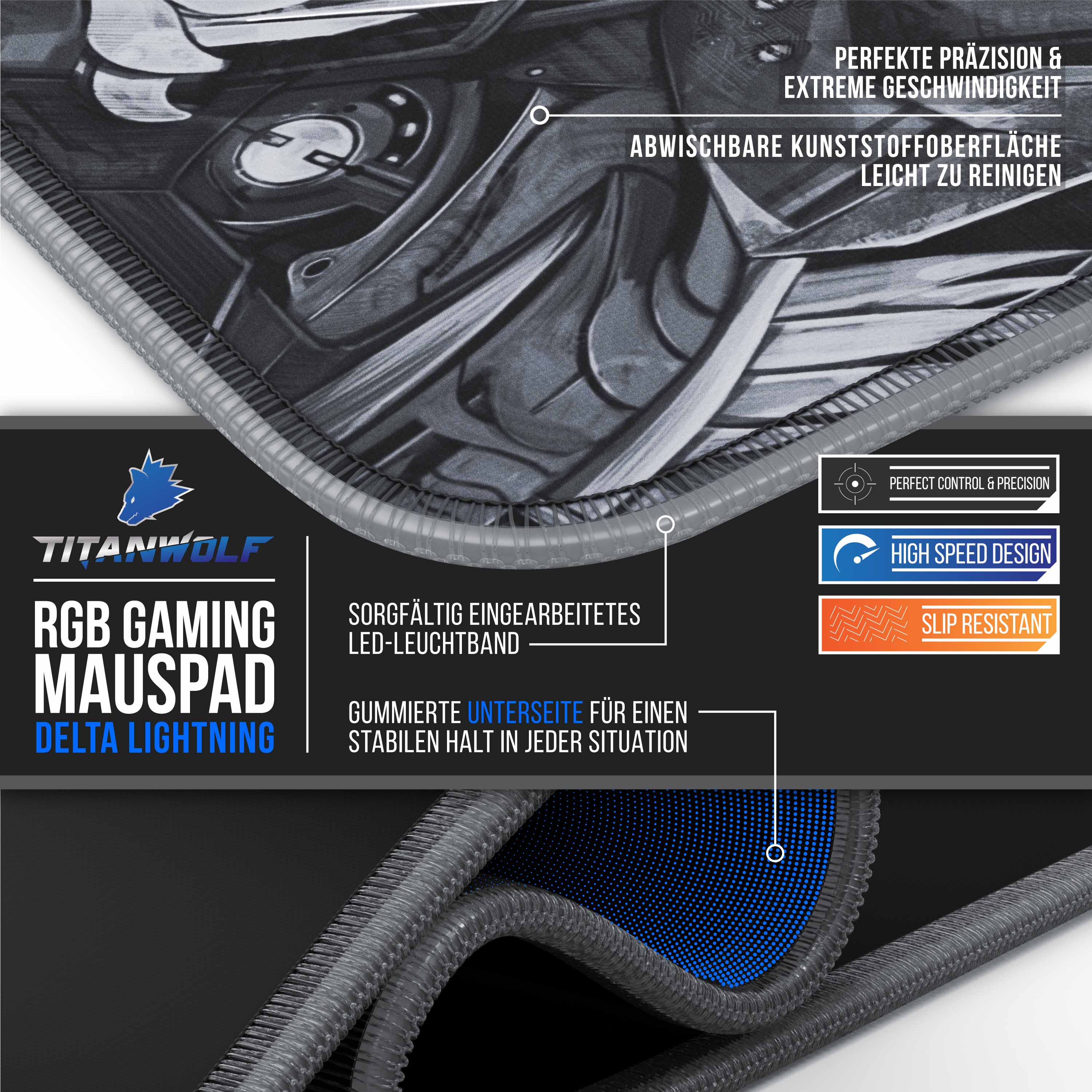 Ein Gaming-Mauspad mit detailliertem Design. Zu den Merkmalen gehören ein blaues Logo und Produktinformationen.