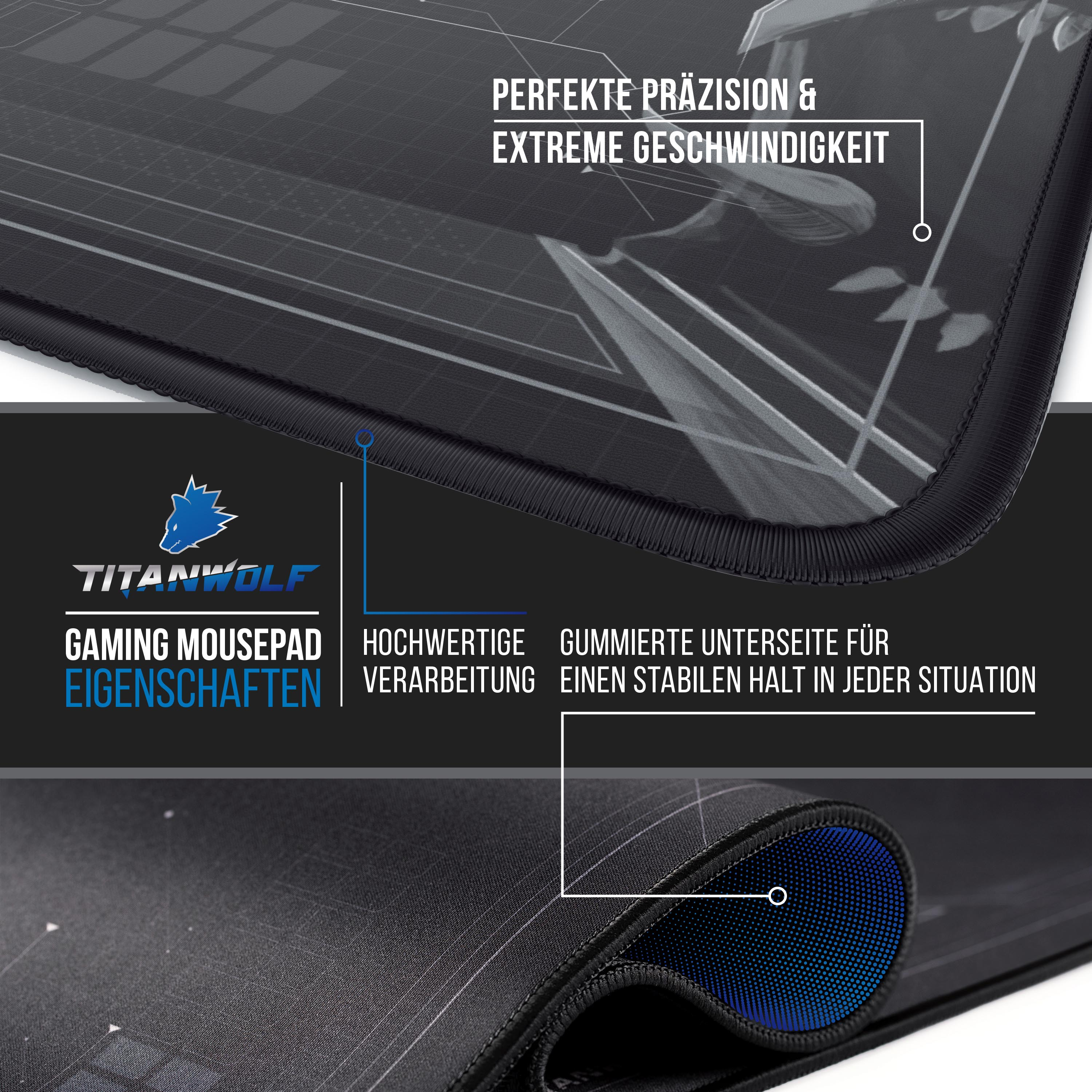 Schwarzes Gaming-Mauspad mit weißem Text und blauem Logo. Merkmale sind Präzision und Geschwindigkeit. Die Unterseite ist gummiert.