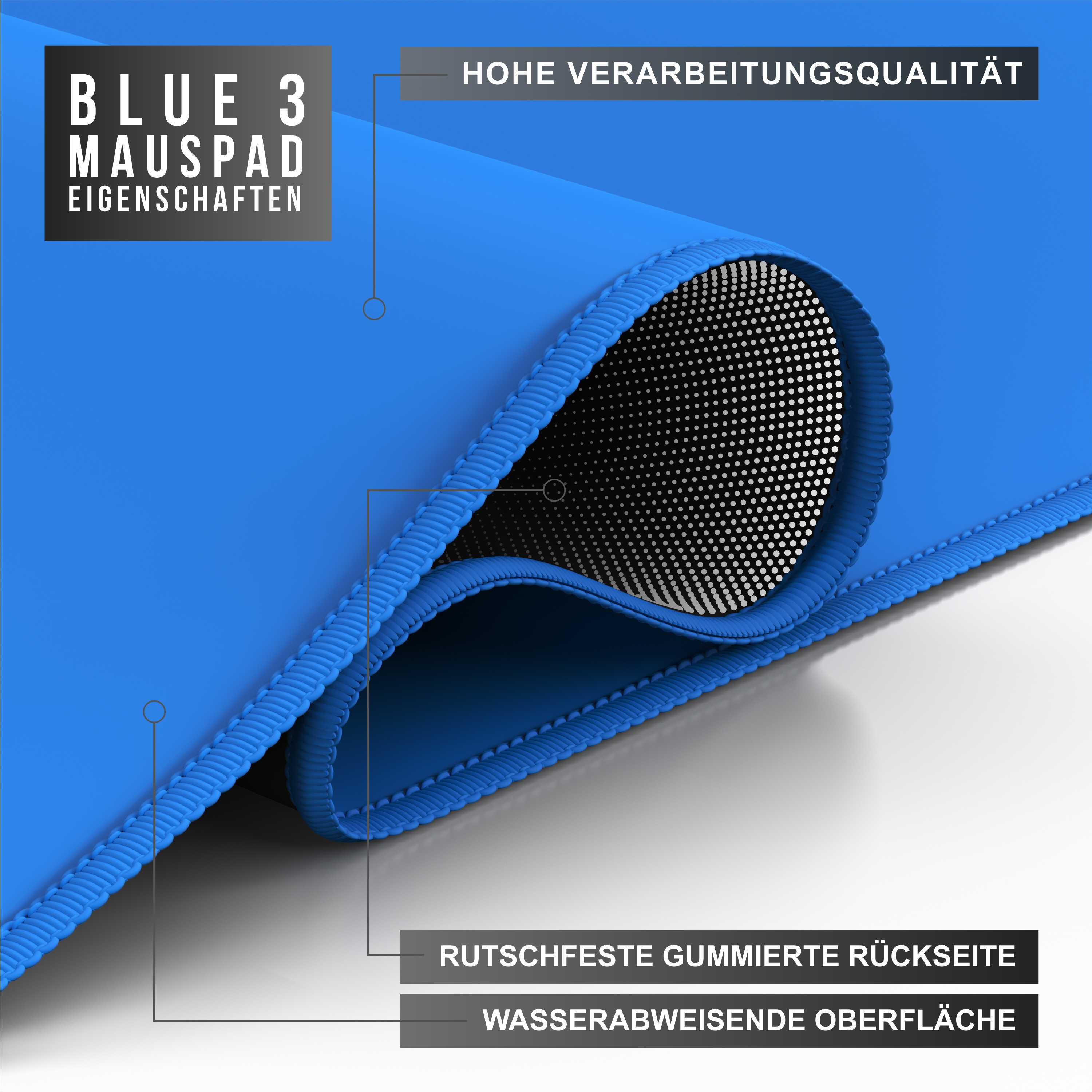Blaues Mauspad-Detail. Merkmale sind hochwertige, rutschfeste Gummiunterseite und wasserabweisende Oberfläche. Weißer Text auf Dunkelgrau.
