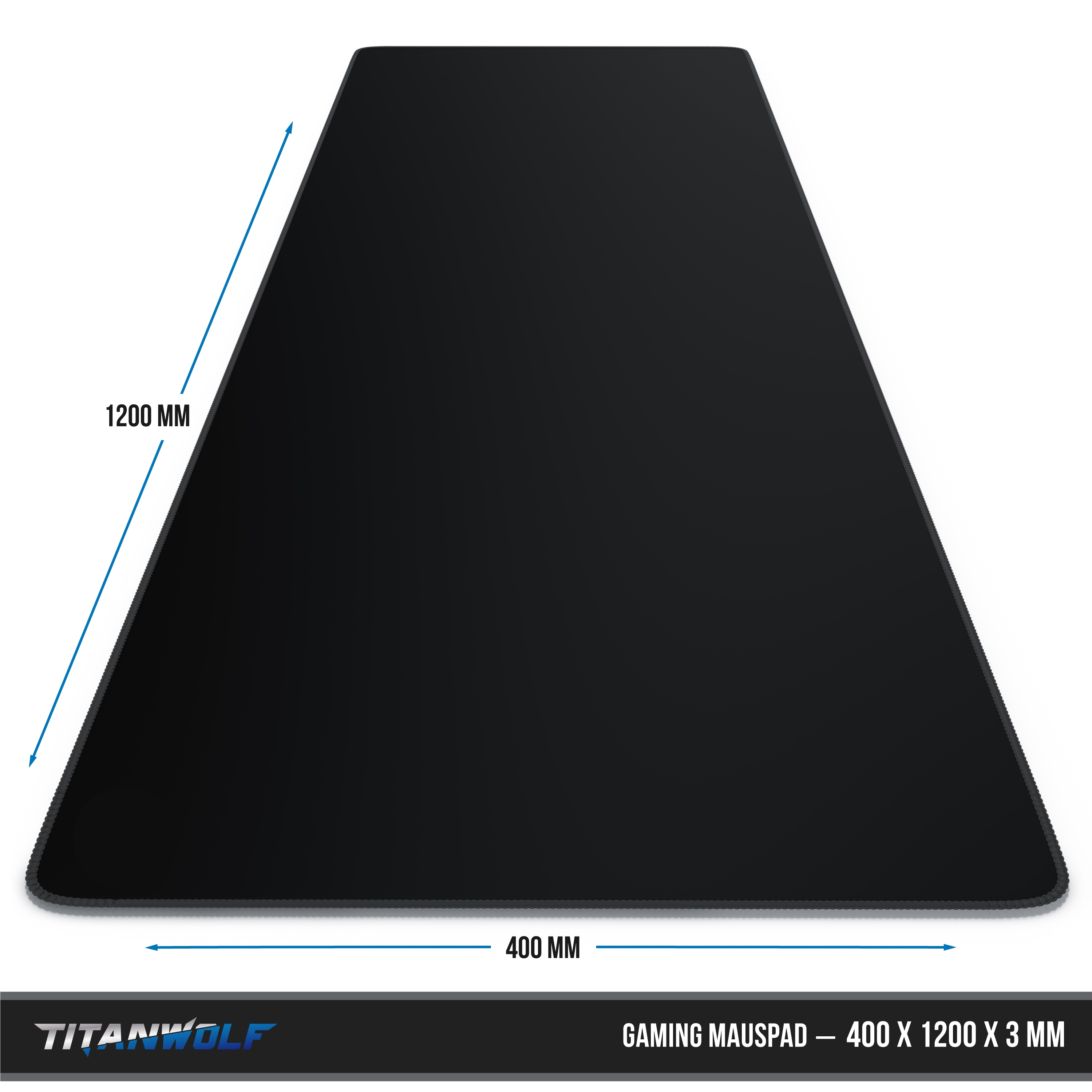 Ein schwarzes rechteckiges Gaming-Mauspad, 1200 mm x 400 mm. Das Titanwolf-Logo befindet sich unten.