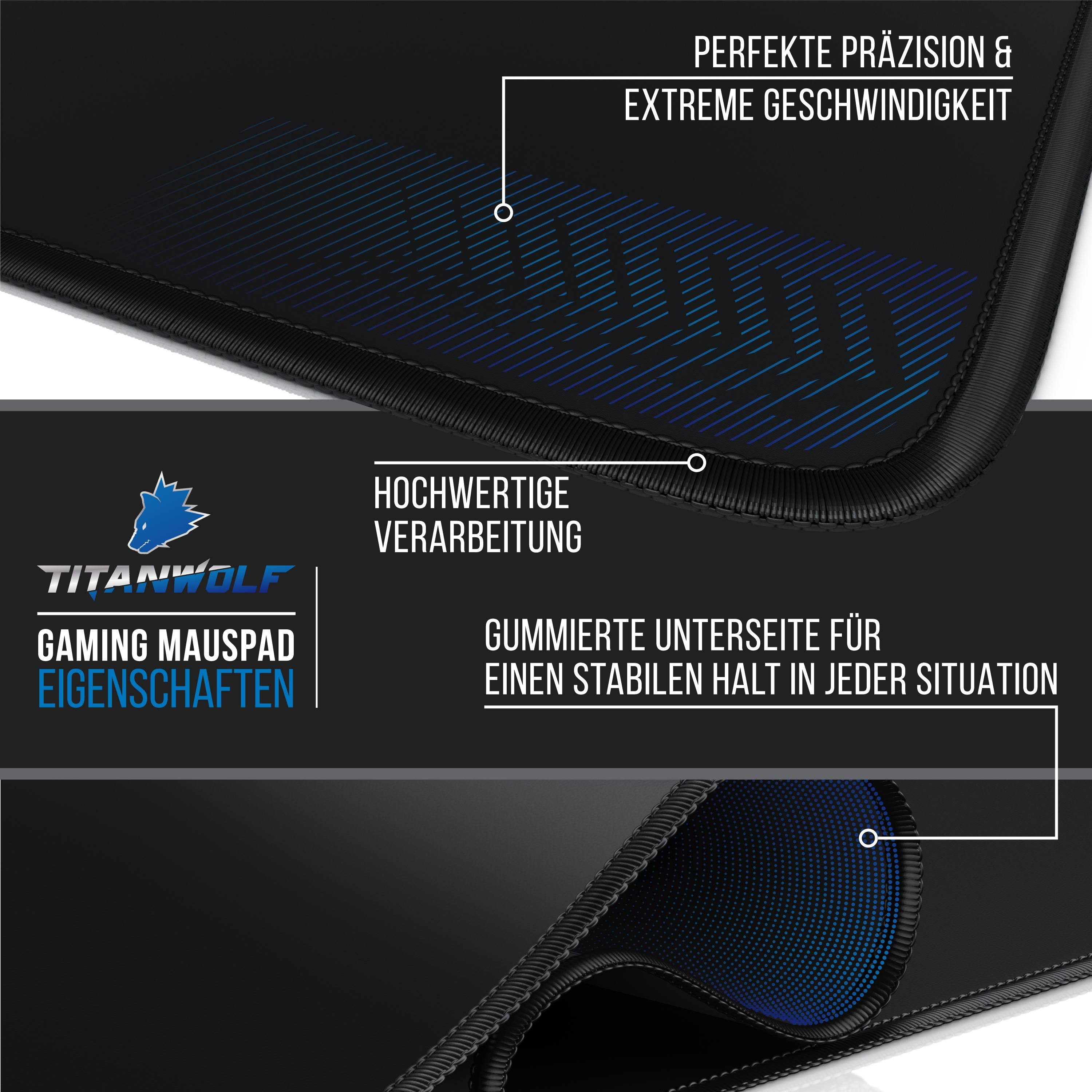 Gaming-Mauspad mit schwarzer Oberfläche, blauem Design und weißem Text. Merkmale sind Präzision und Geschwindigkeit.
