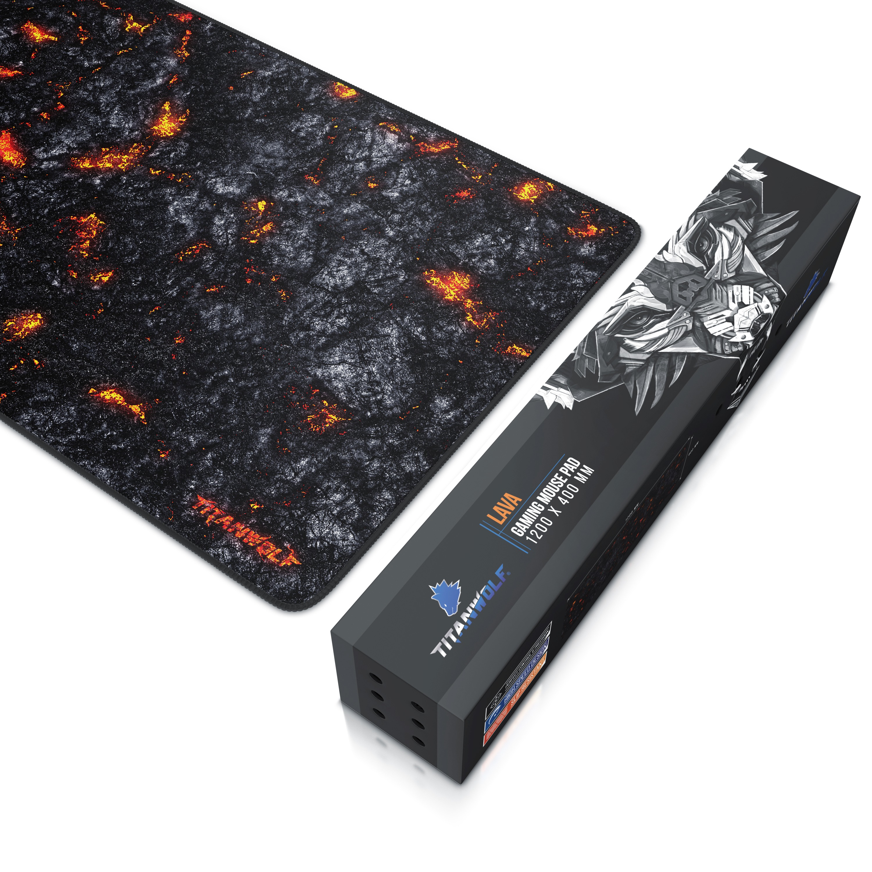 Gaming-Mauspad mit Lava-Design und zugehöriger Box, mit einem Schwarz-Orange-Thema. Die Box hat ein Wolf-Logo.