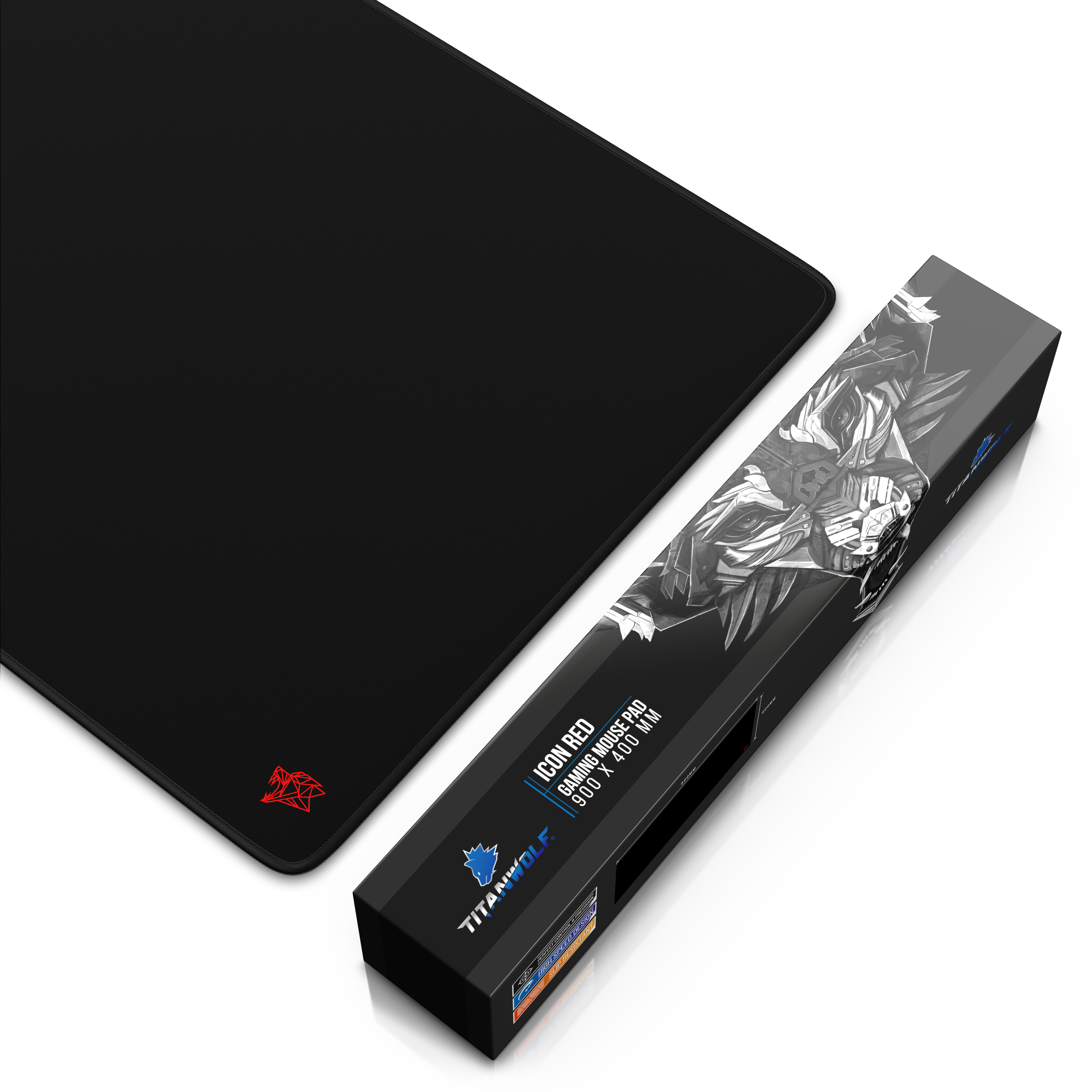Schwarzes Mauspad mit rotem Logo und einer Box. Die Box ist schwarz mit Grafiken und Text.
