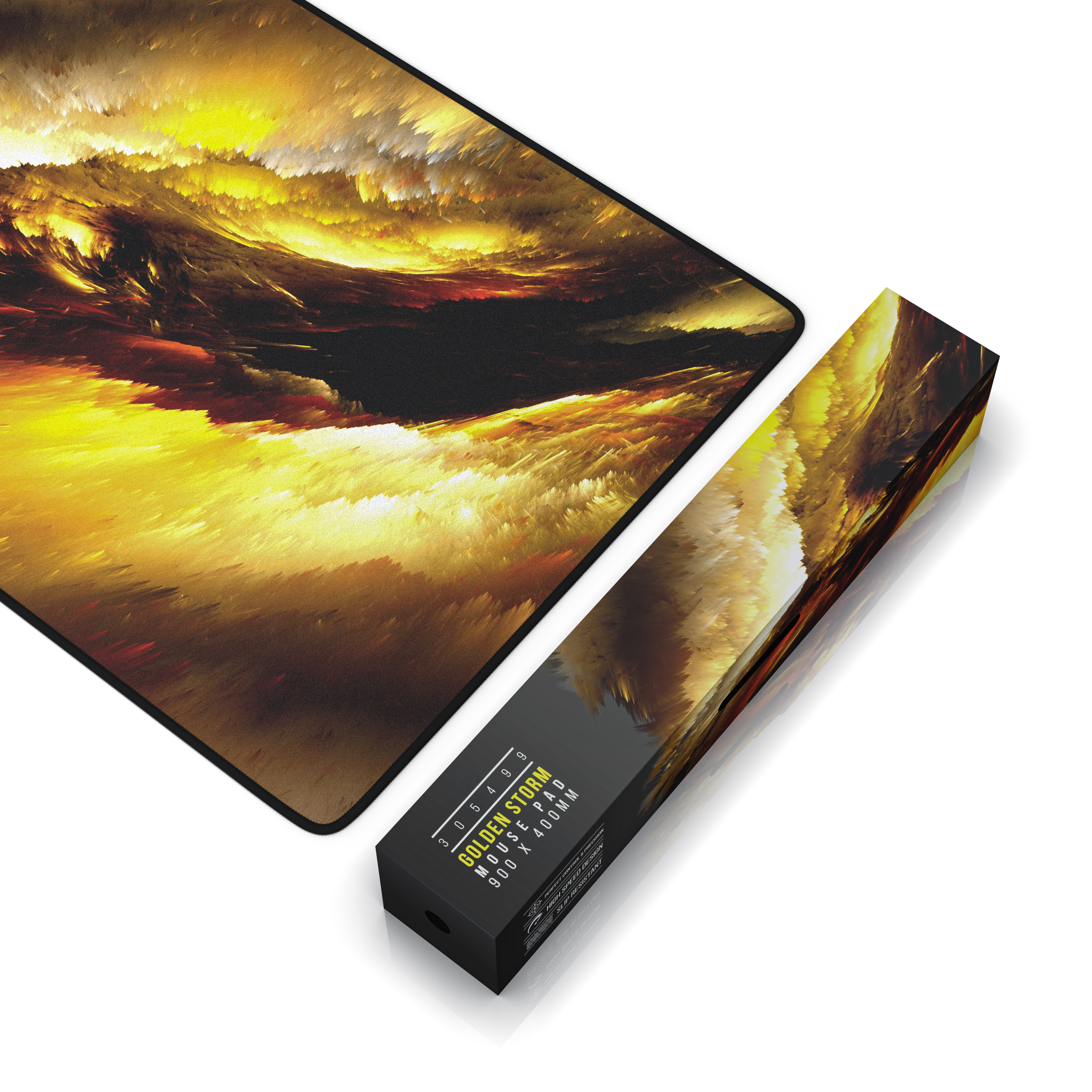 Eine Mauspad und eine Schachtel mit einem goldenen Sturm-Design. Auf der Schachtel steht Golden Storm Mouse Pad.