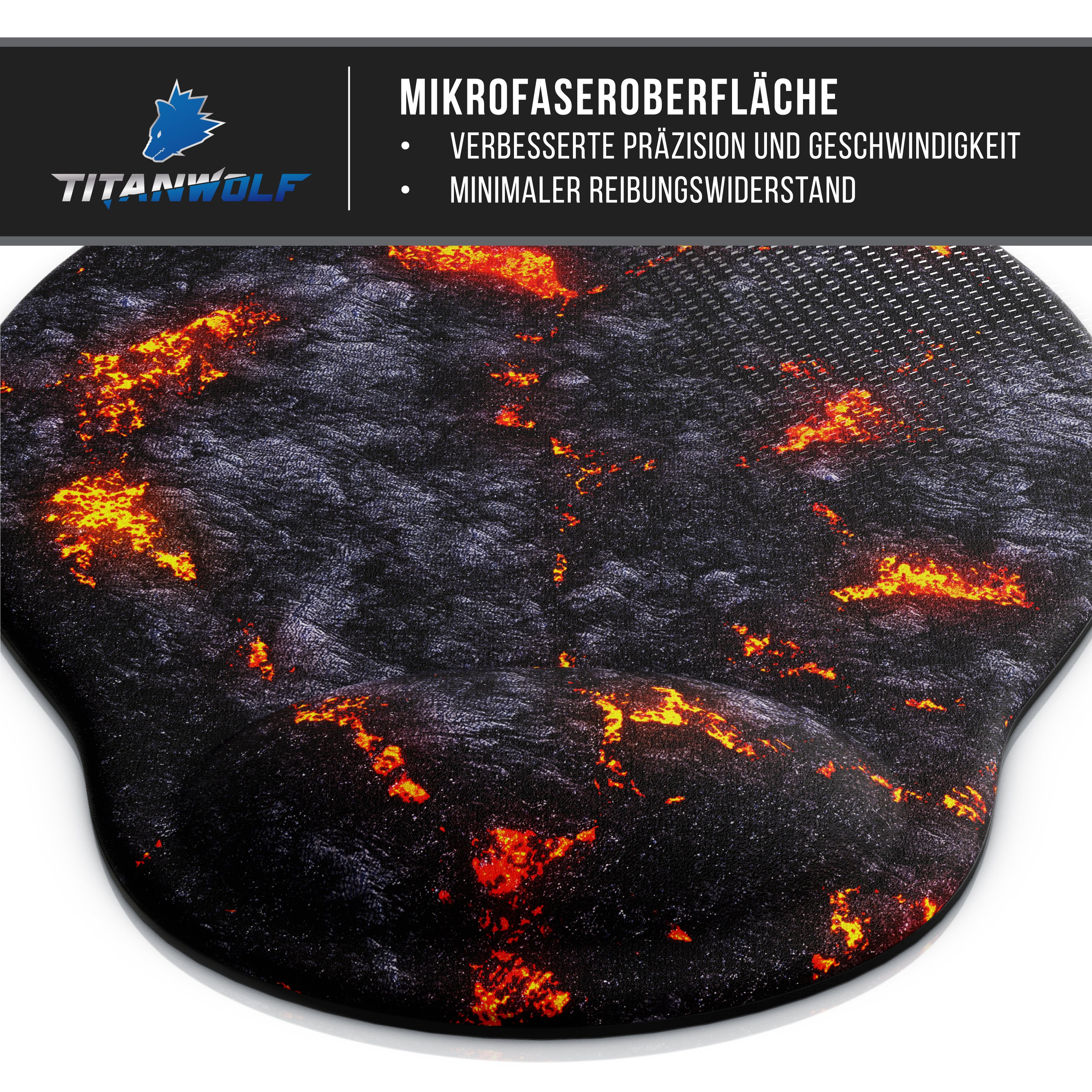 Ein schwarzes Mauspads mit orangefarbenen Lavamustern. Ein blaues Wolfslogo befindet sich oben links.