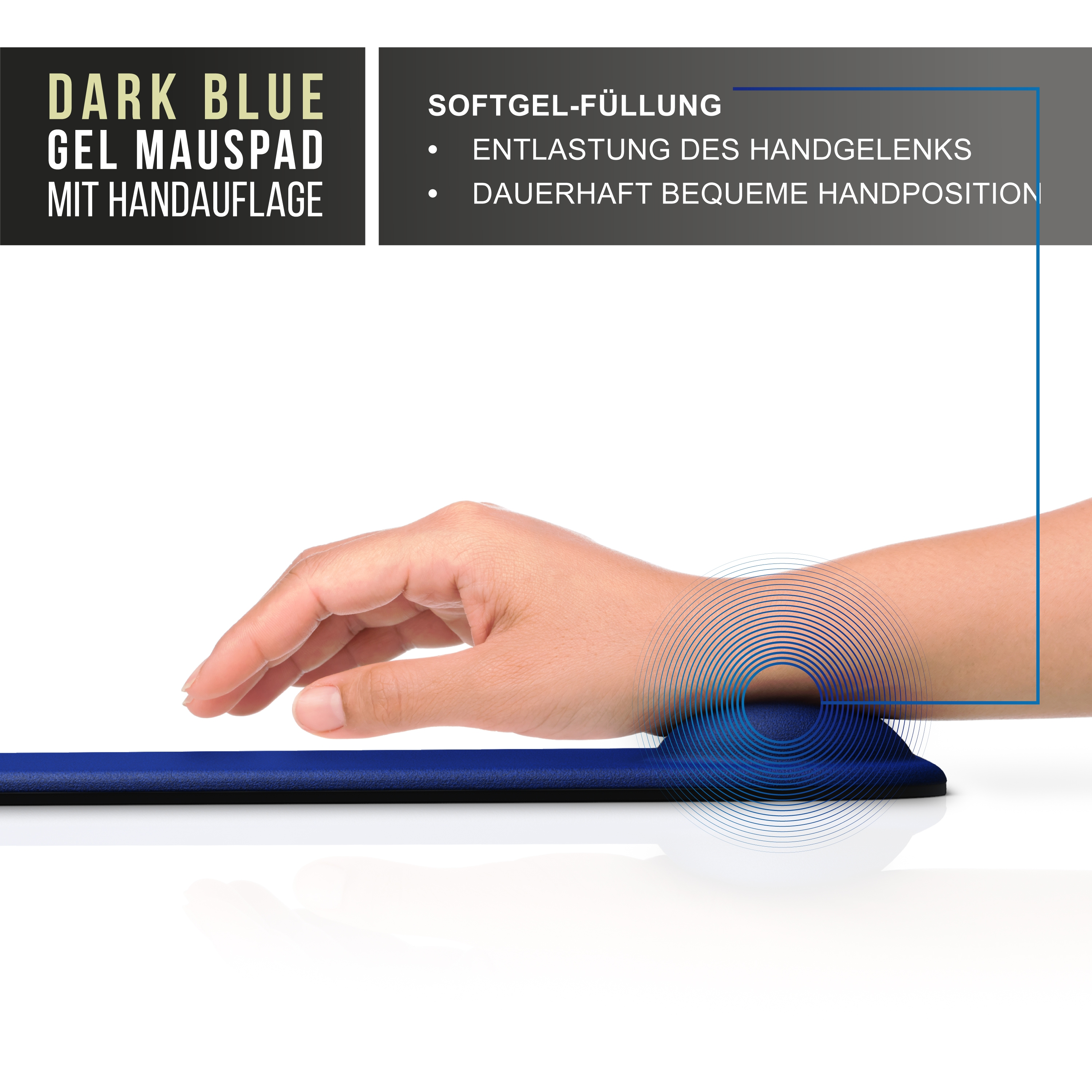 Eine Hand ruht auf einem dunkelblauen Gel-Mauspad mit Handballenauflage für eine bequeme Handposition.