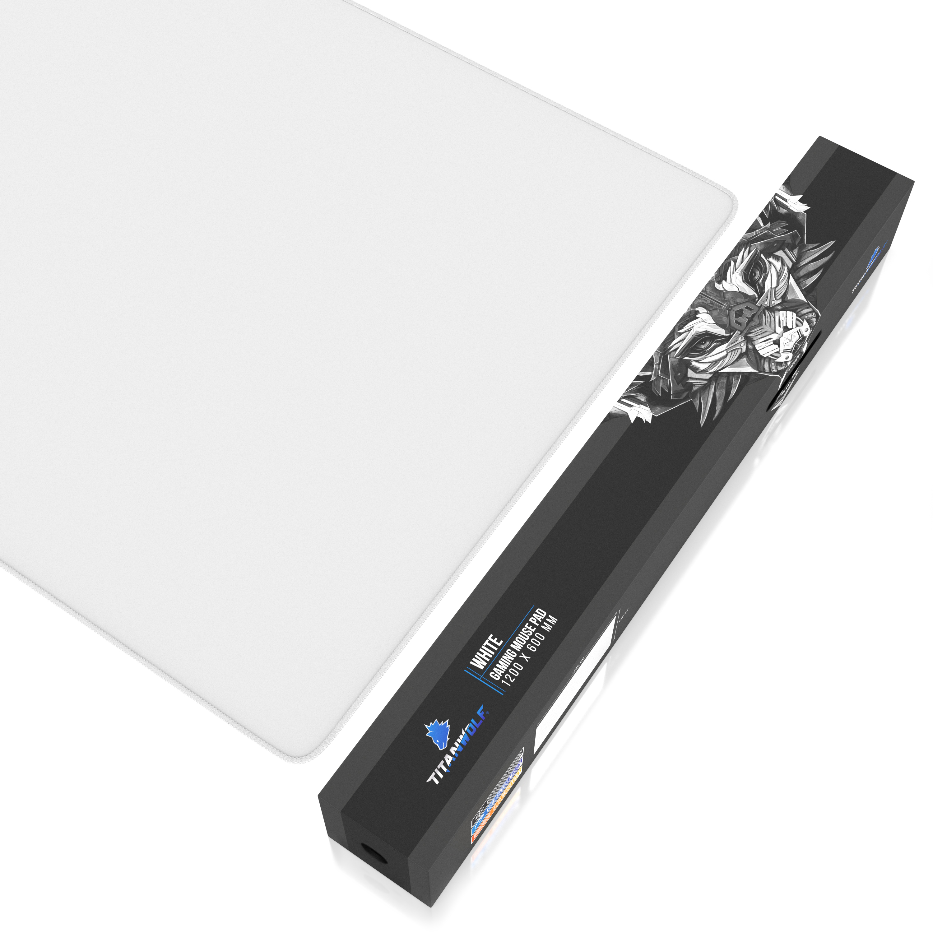 Weißes Mauspad und schwarze Box mit Wolfsdesign. Die Box hat Produktinfo und Logo.