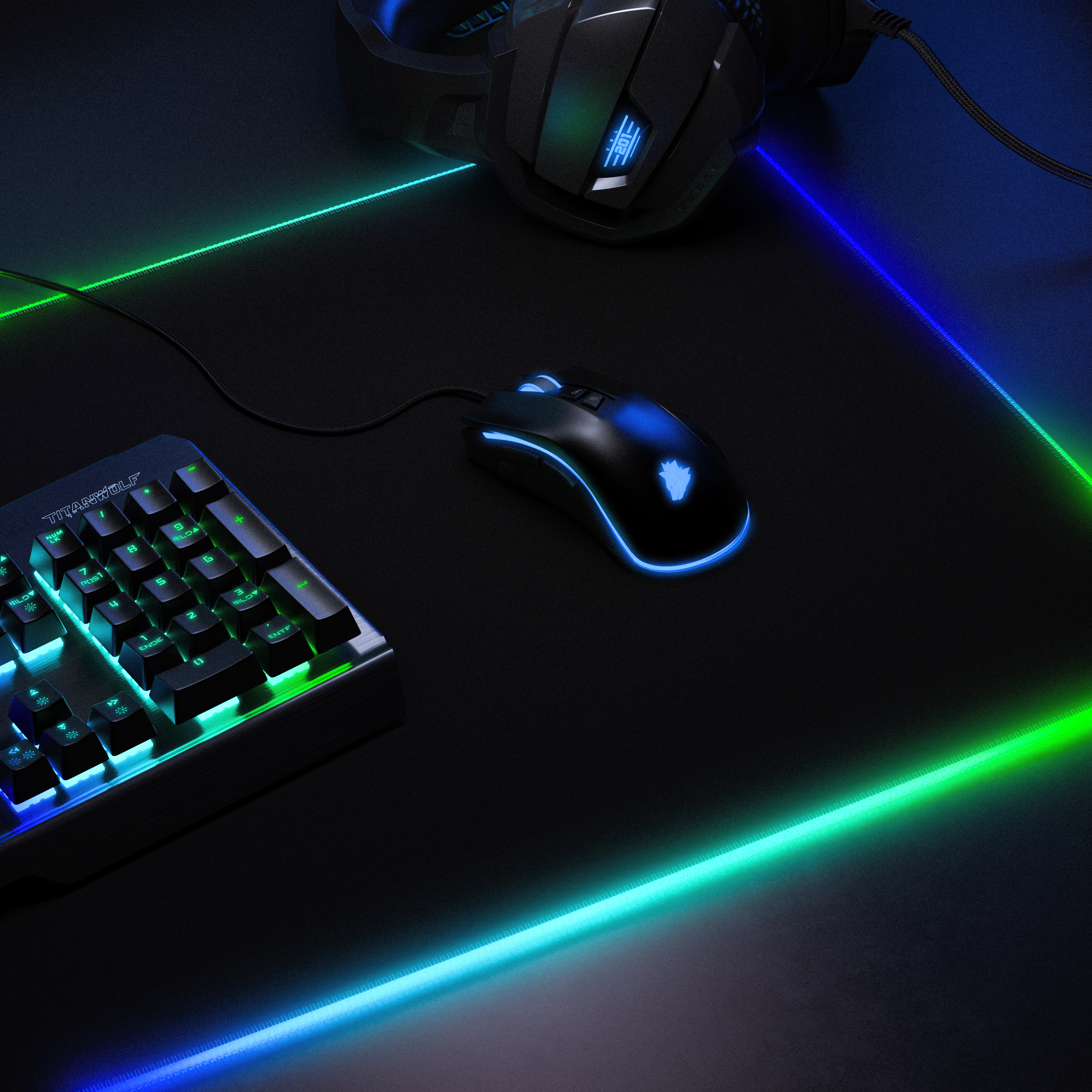 Gaming-Setup mit Tastatur, Maus und Headset, alles mit Neon-Blau- und Grünbeleuchtung auf schwarzem Untergrund.