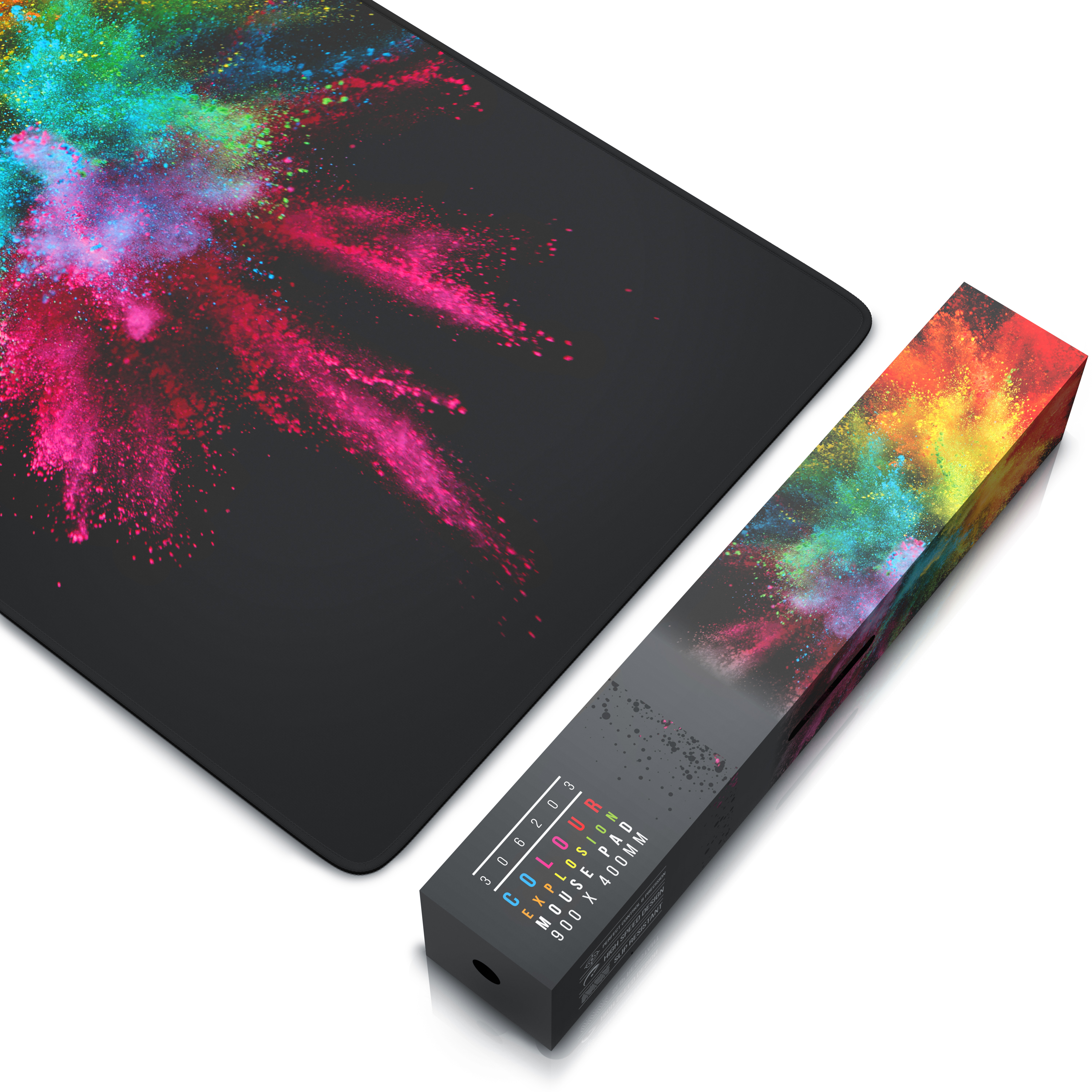 Schwarzes Mauspad und Schachtel mit farbenfrohem Explosionsdesign. Text: COLOUR EXPLOSION MOUSE PAD.