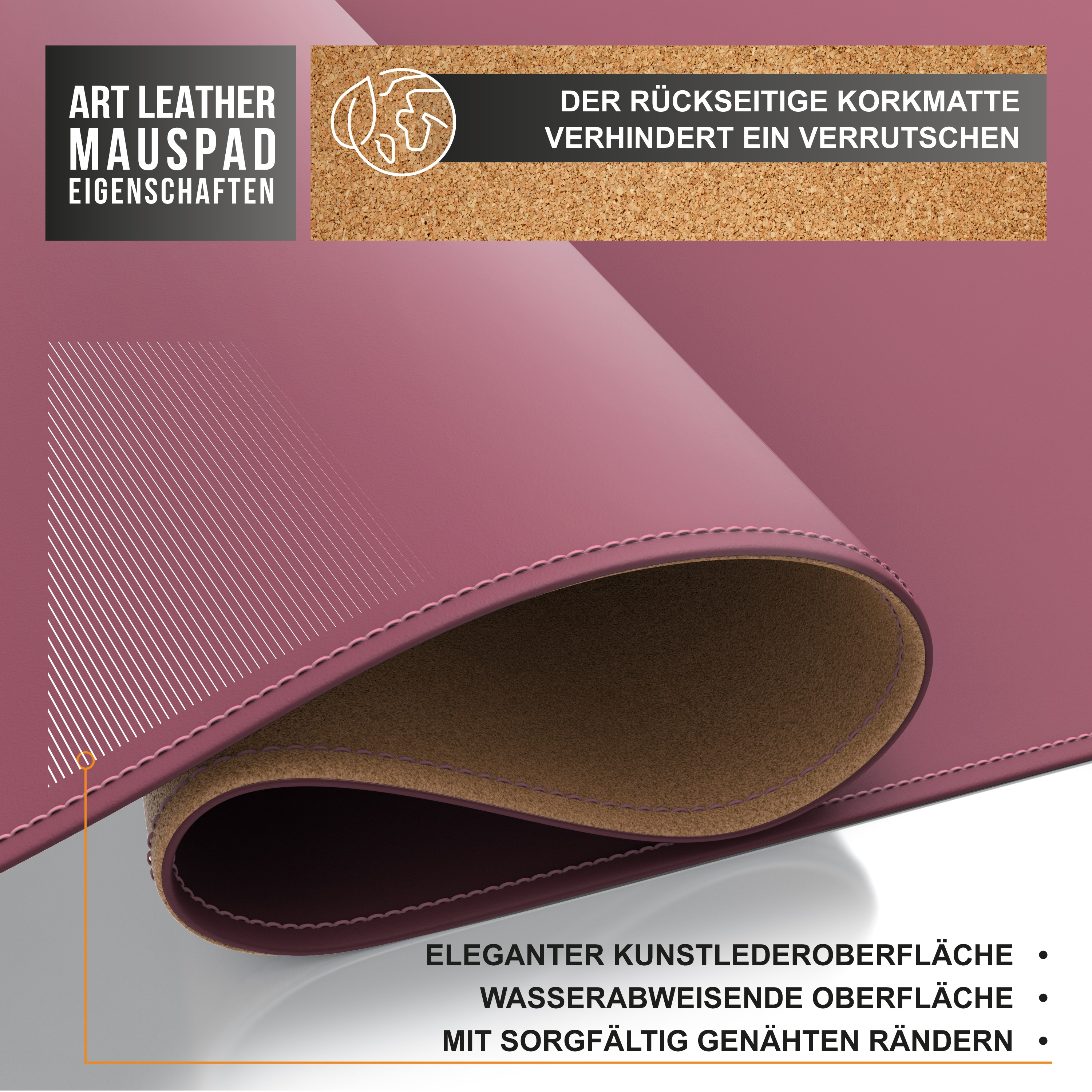 Rosa Mauspad mit Korkrücken. Die Oberseite zeigt eine Lederstruktur und Text zum Produkt.