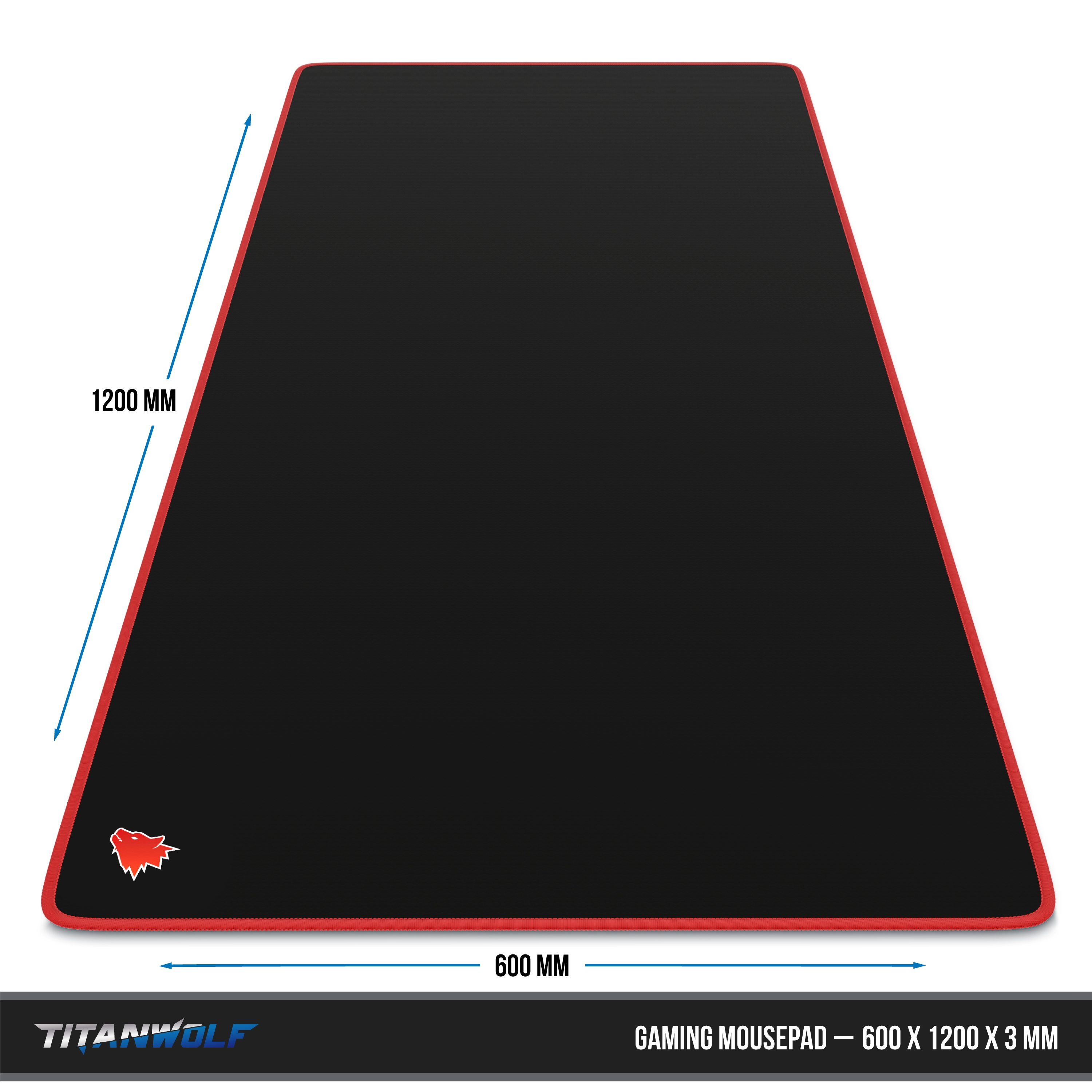Schwarzes Gaming-Mauspad mit roter Umrandung, 600x1200x3mm. Titanwolf-Logo in der Ecke.