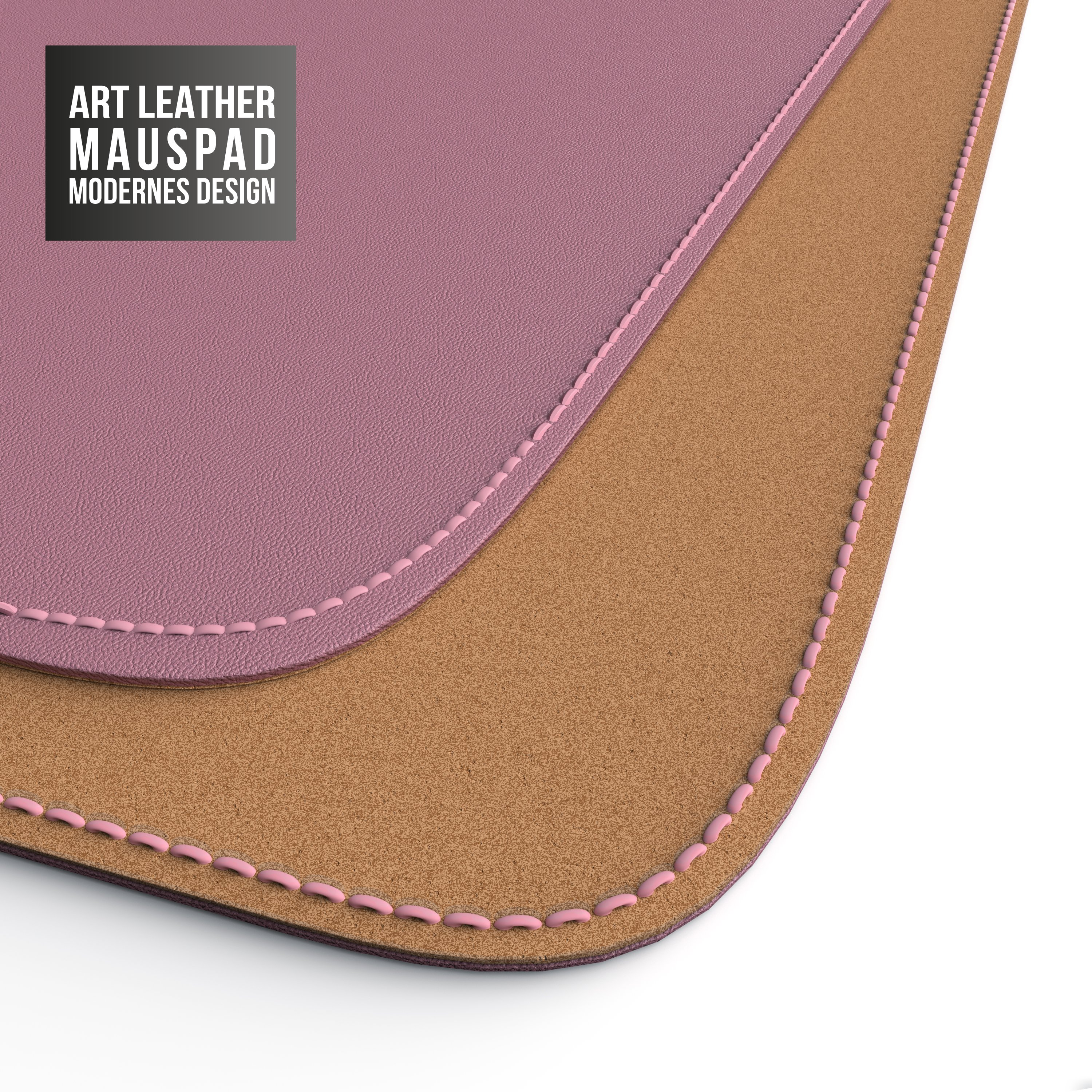 Ein pinkfarbenes Leder-Mauspad mit Korkbasis und pinkfarbenen Nähten, der Text "ART LEATHER MAUSPAD MODERNES DESIGN".