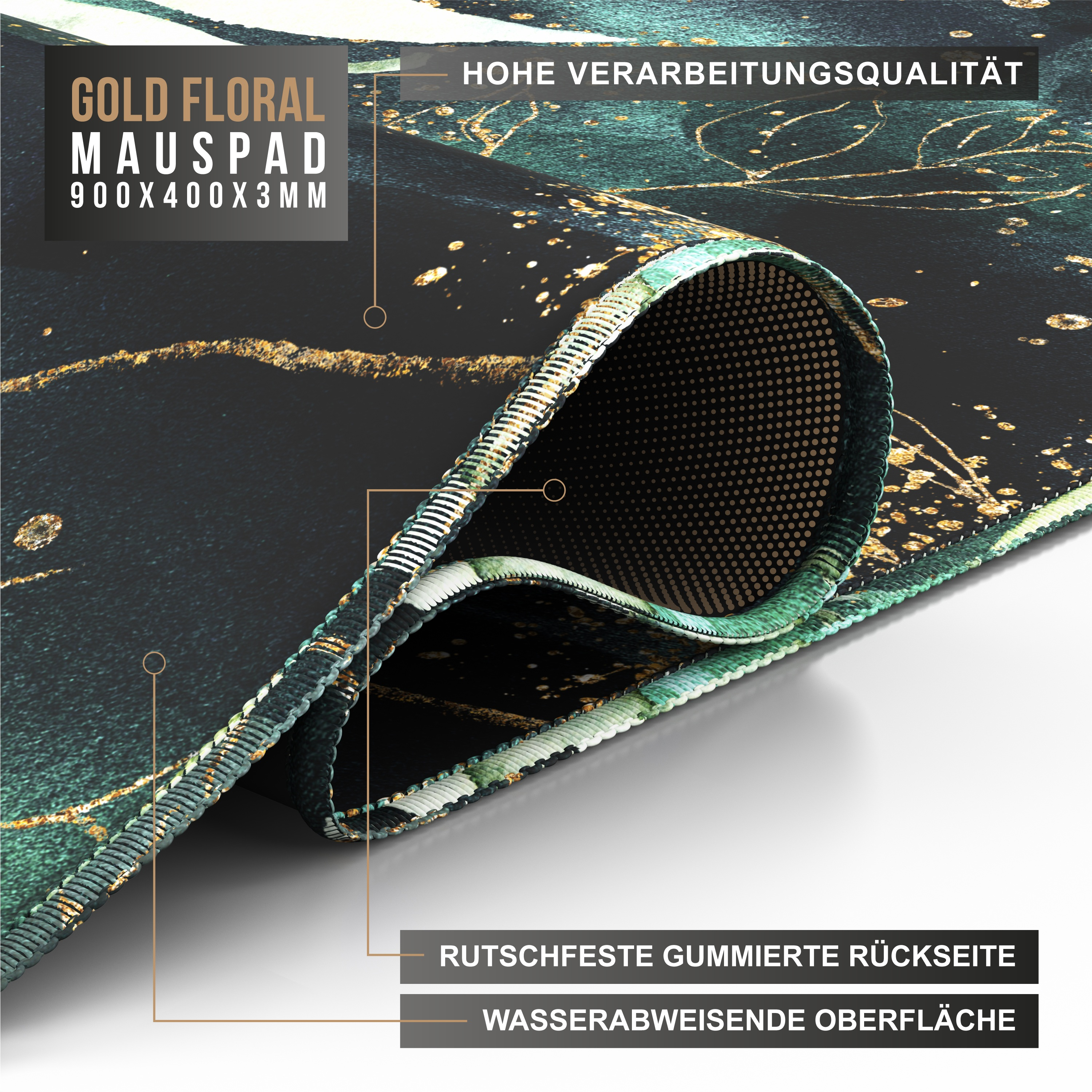 Aufgerolltes Mousepad mit goldenem Blumendesign. Die Ränder sind grün. Text auf dem Pad: Gold Floral, Mousepad, 900x400x3mm.