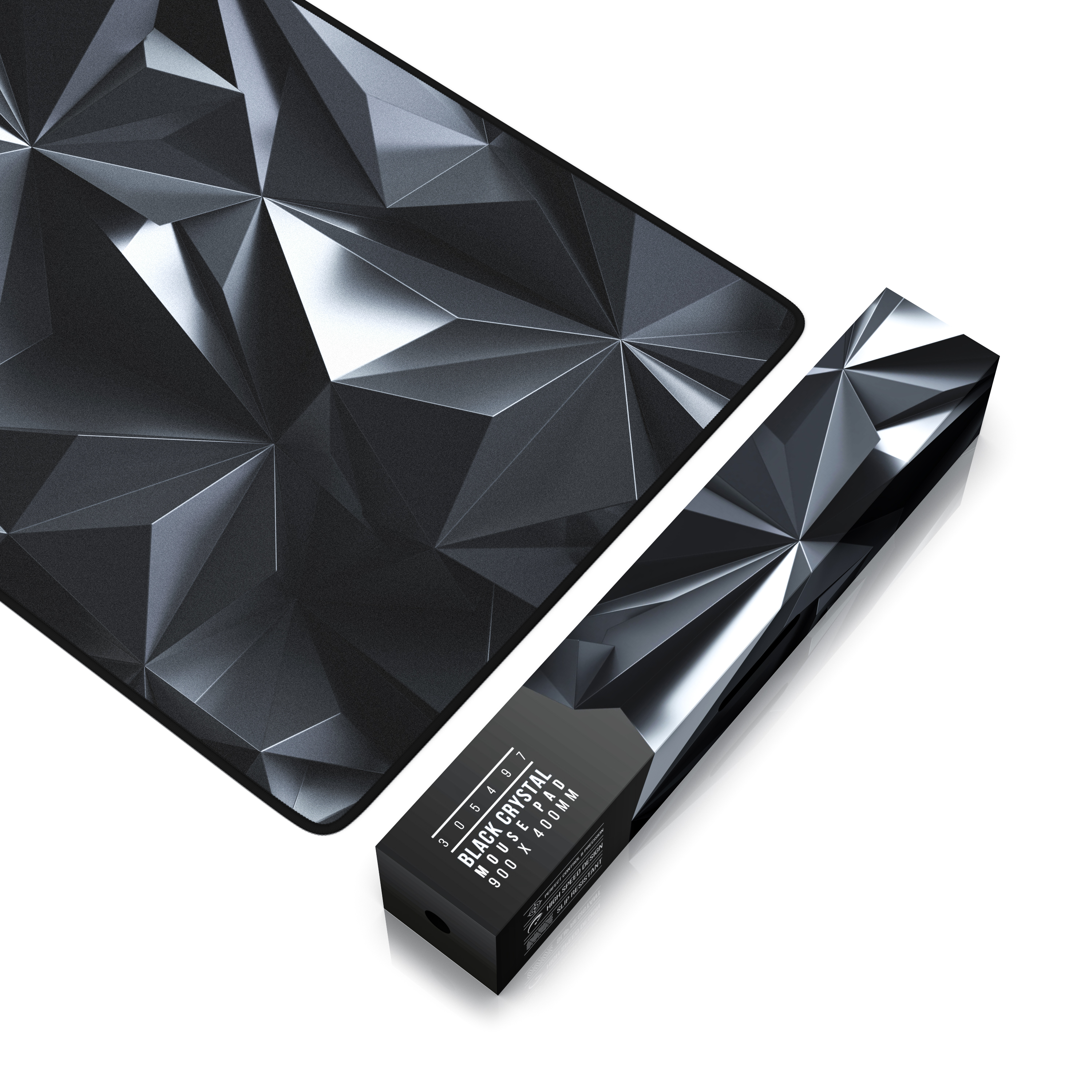 Schwarzes Mauspad und Schachtel mit kristallinem Design. Produktname: Black Crystal Mousepad. Eigenschaften: hohe Geschwindigkeit und Rutschfestigkeit.