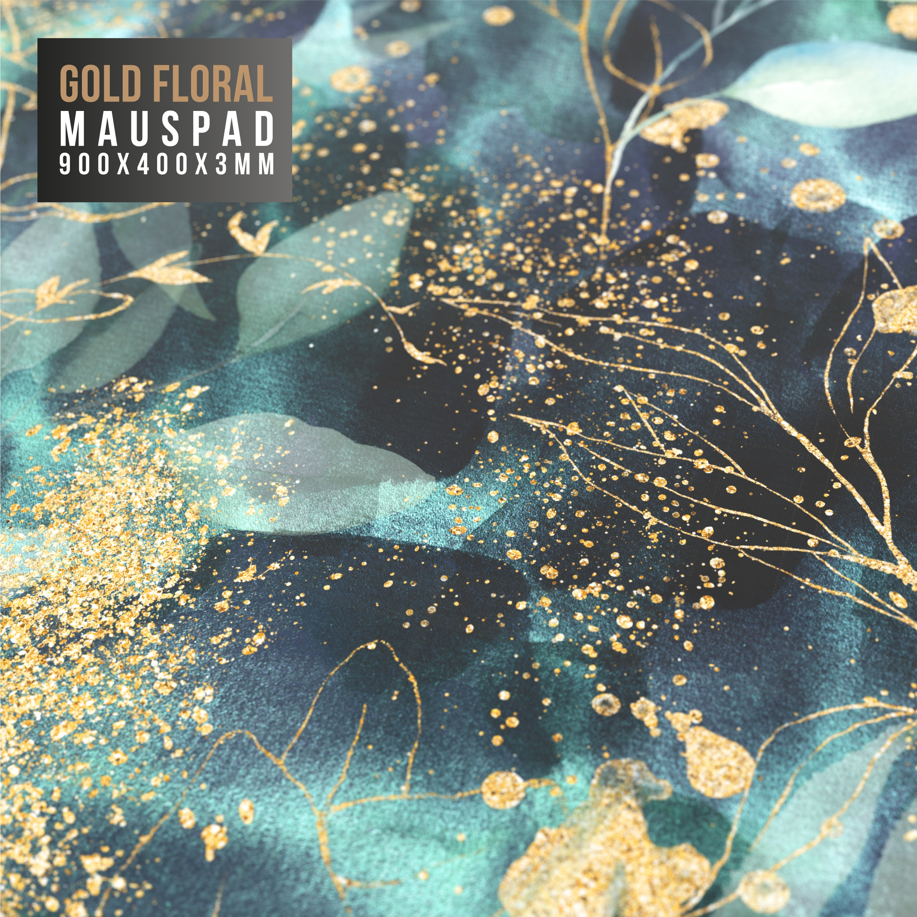 Goldenes florales Mauspads. Dunkelblauer und türkisfarbener Hintergrund mit goldenen Akzenten und Blattdesigns. Text: Gold Floral Mauspad 900x400x3mm.