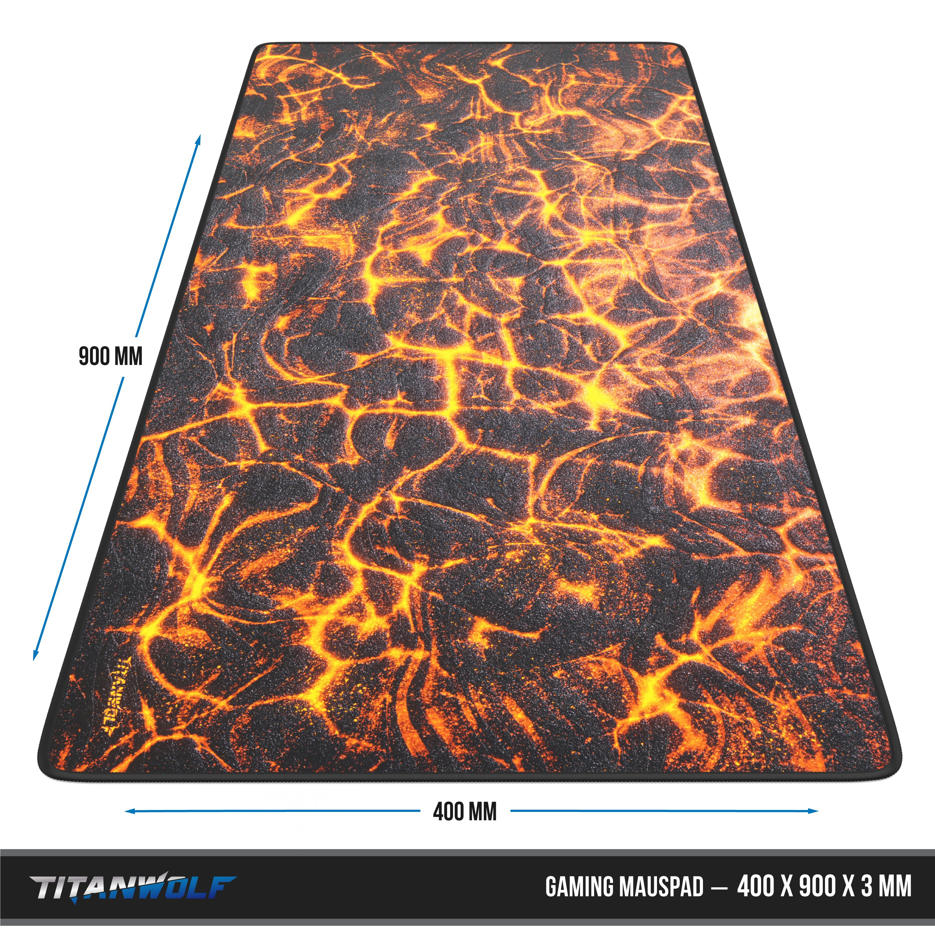 Gaming-Mauspad mit Lava-Design. Schwarz-oranges Muster. Abmessungen: 400x900x3mm. Marke: Titanwolf.