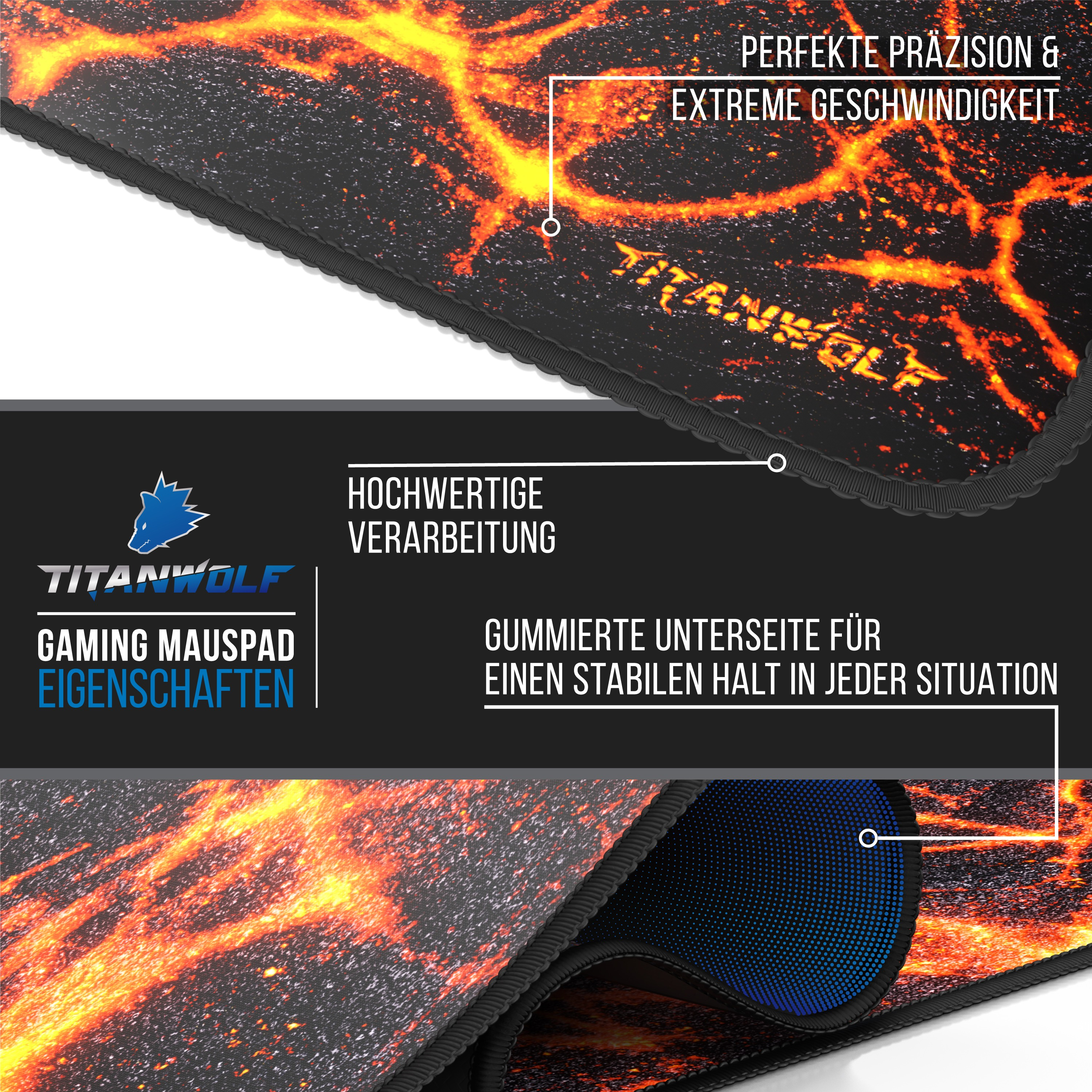 Gaming-Mauspad mit Lava-Design. Mit TITANWOLF-Logo und Text. Details umfassen hochwertige Verarbeitung und gummierte Unterseite.