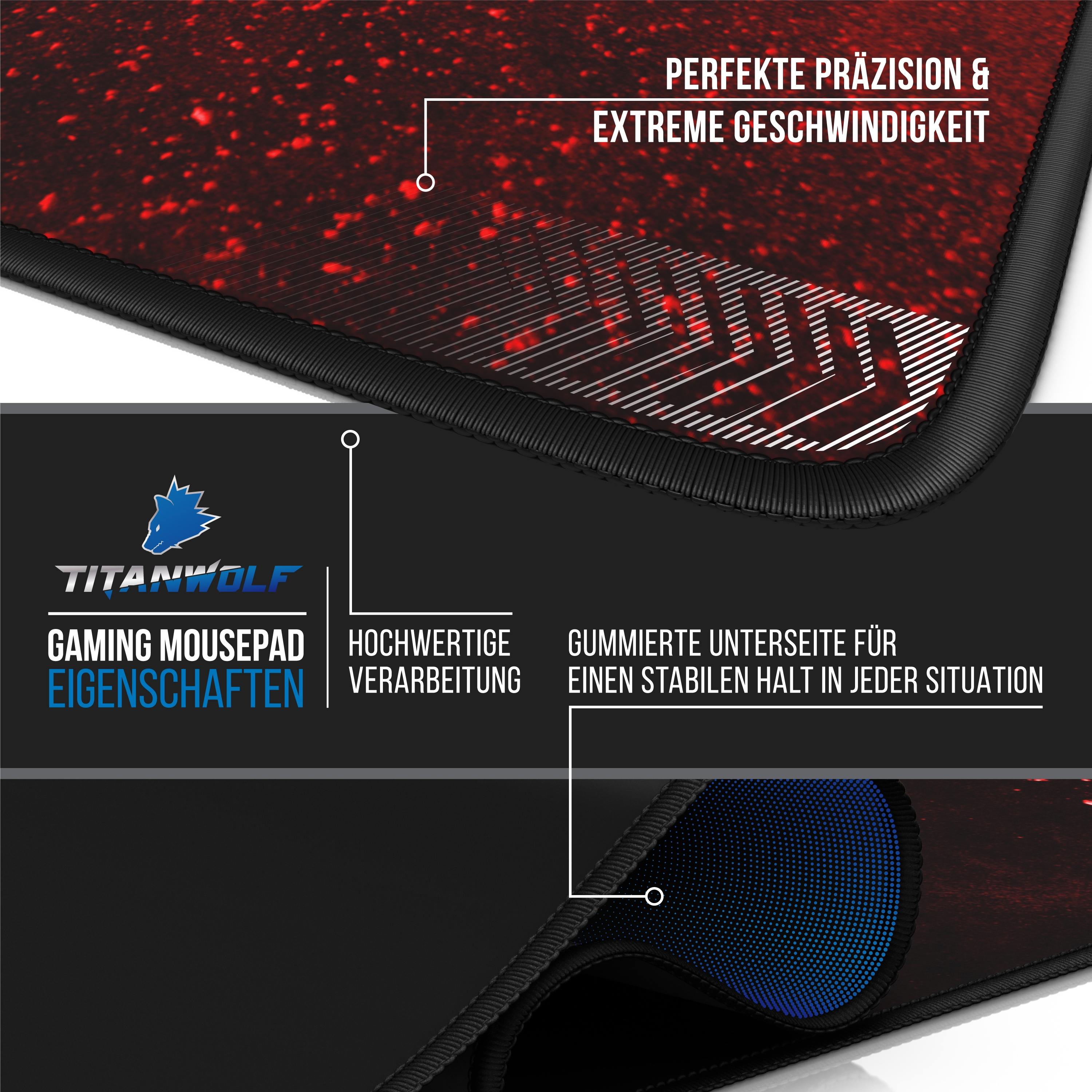 Gaming-Mauspad mit rotem und schwarzem Design. Text sagt perfekte Präzision & extreme Geschwindigkeit.