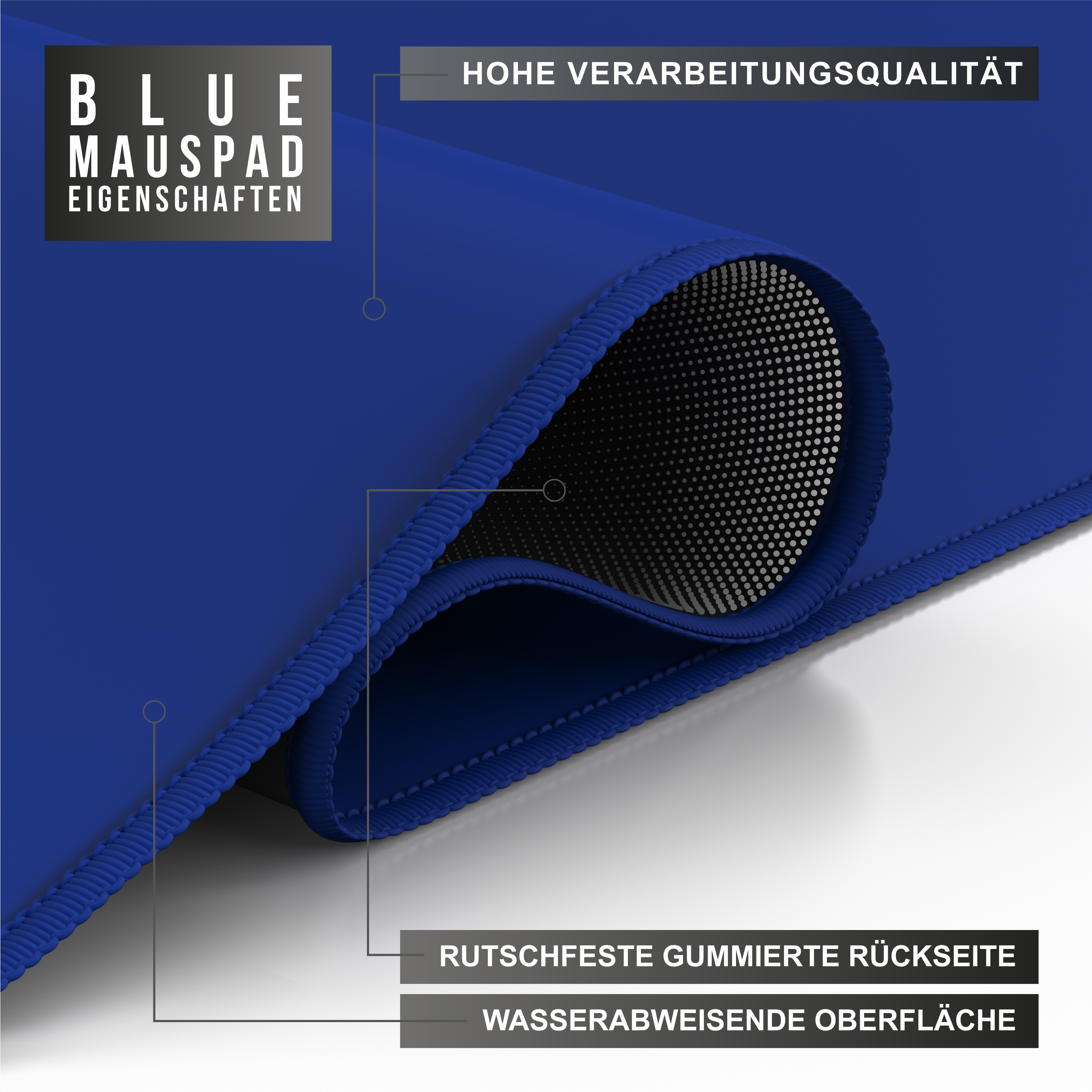 Blaues Mauspad-Detail. Eigenschaften: hohe Qualität, rutschfeste Gummirückseite und wasserabweisende Oberfläche.