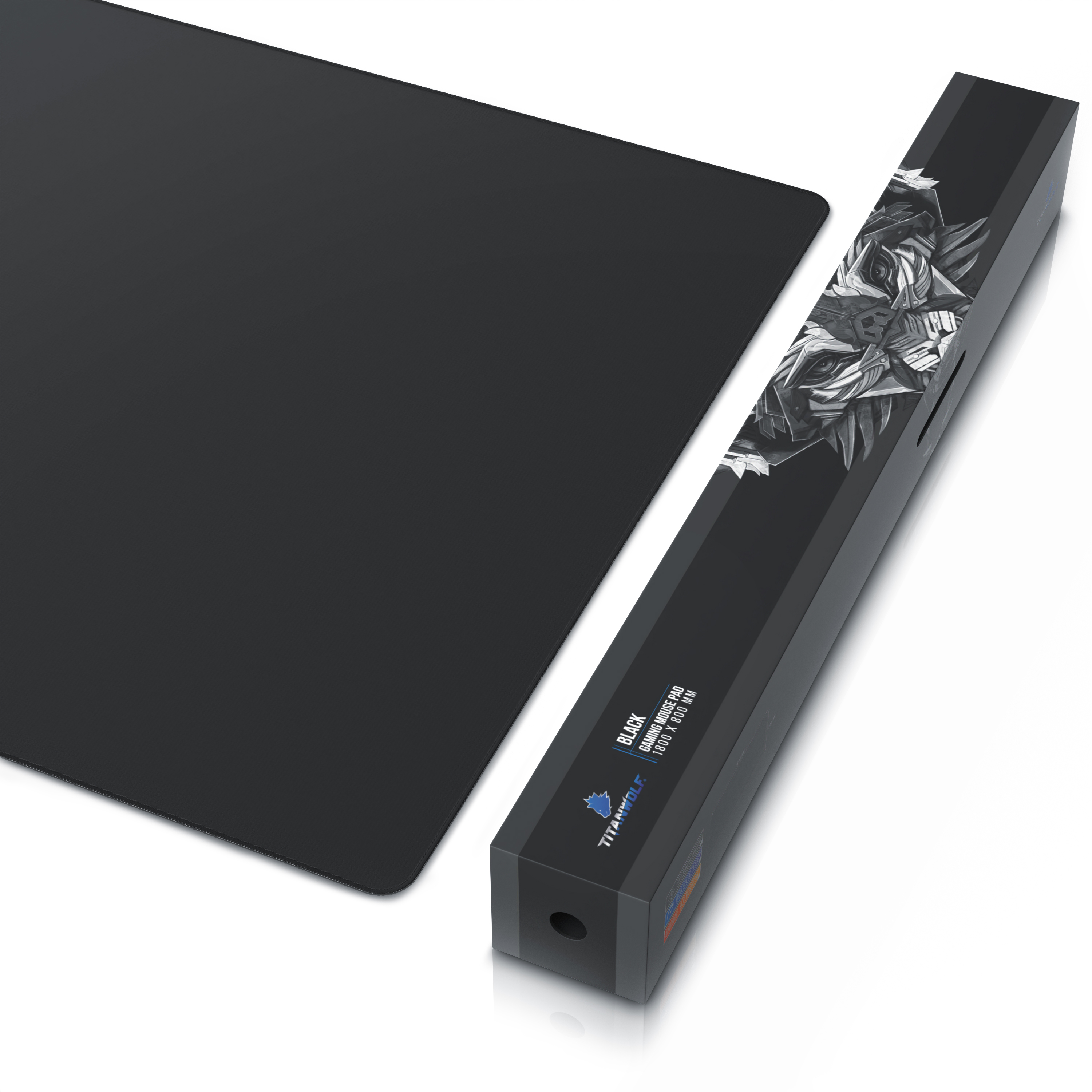 Ein schwarzes Gaming-Mauspad und seine Box. Die Box hat ein Wolfsdesign und Produktinformationen.
