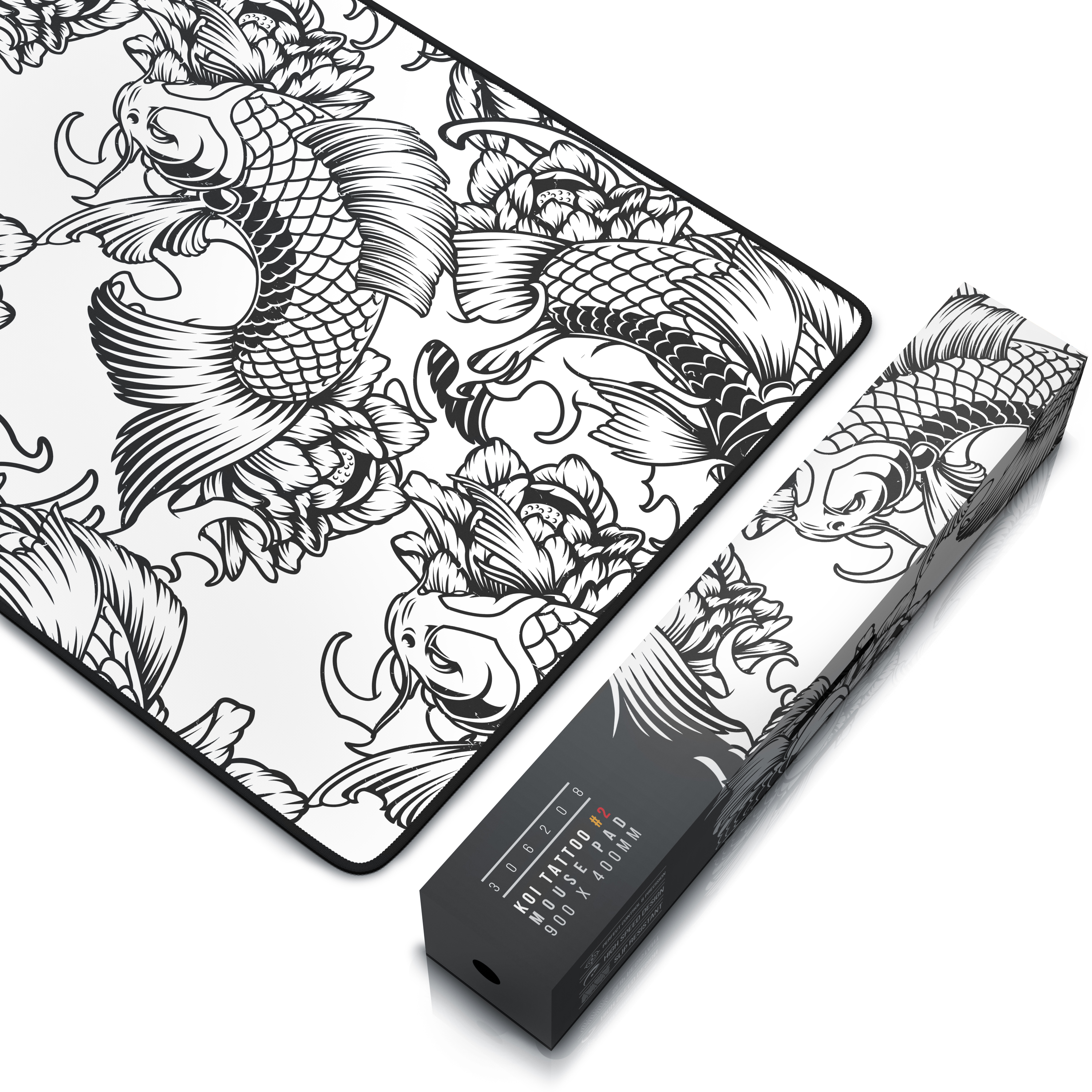 Eine Mauspad und Verpackung mit einem schwarz-weißen Koi-Fisch-Design. Der Hintergrund ist weiß.