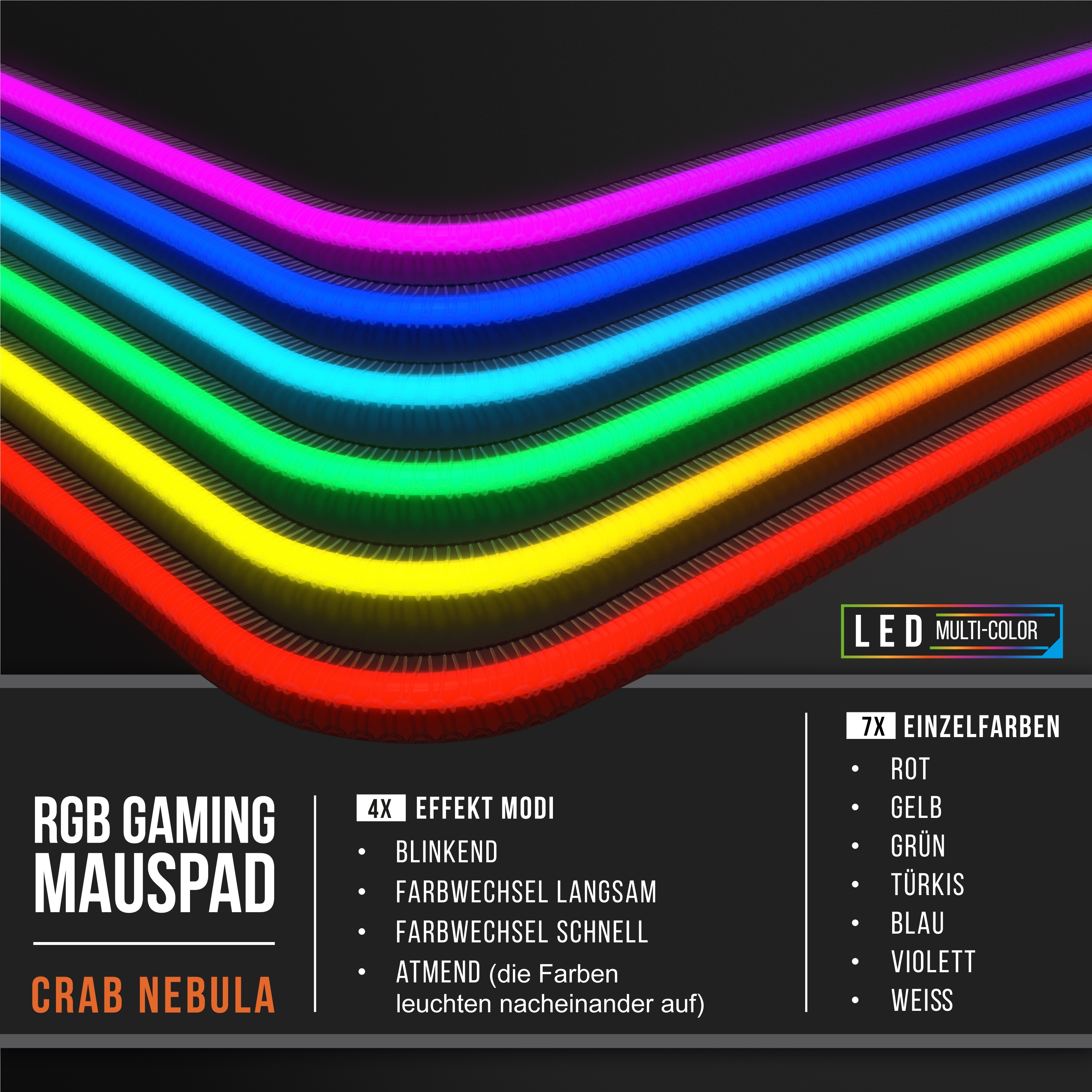 RGB-Gaming-Mauspad mit mehrfarbigen LED-Leuchten. Zu den Funktionen gehören rote, gelbe, grüne und blaue Farben.