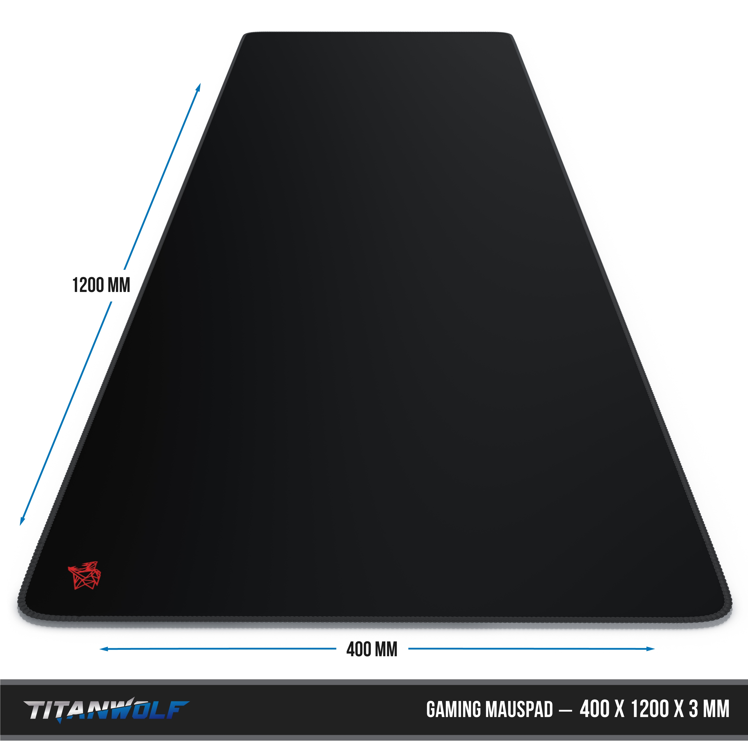 Schwarzes Gaming-Mauspad mit rotem Logo, Abmessungen 400x1200x3mm. Weißer Hintergrund mit angezeigten Abmessungen.