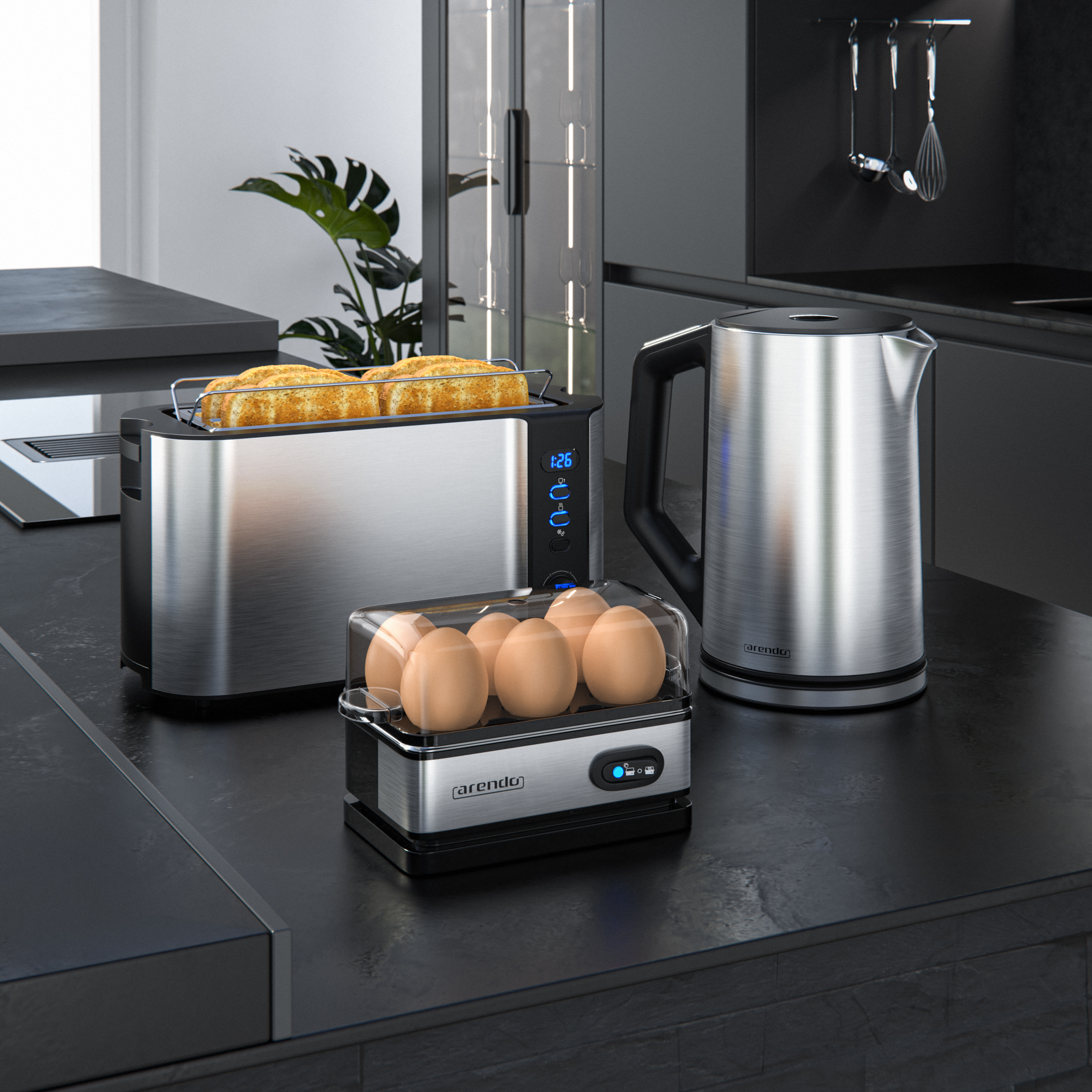 Eine Küchenszene mit Toaster, Eierkocher und Wasserkocher. Toast ist im Toaster. Eier sind im Kocher.
