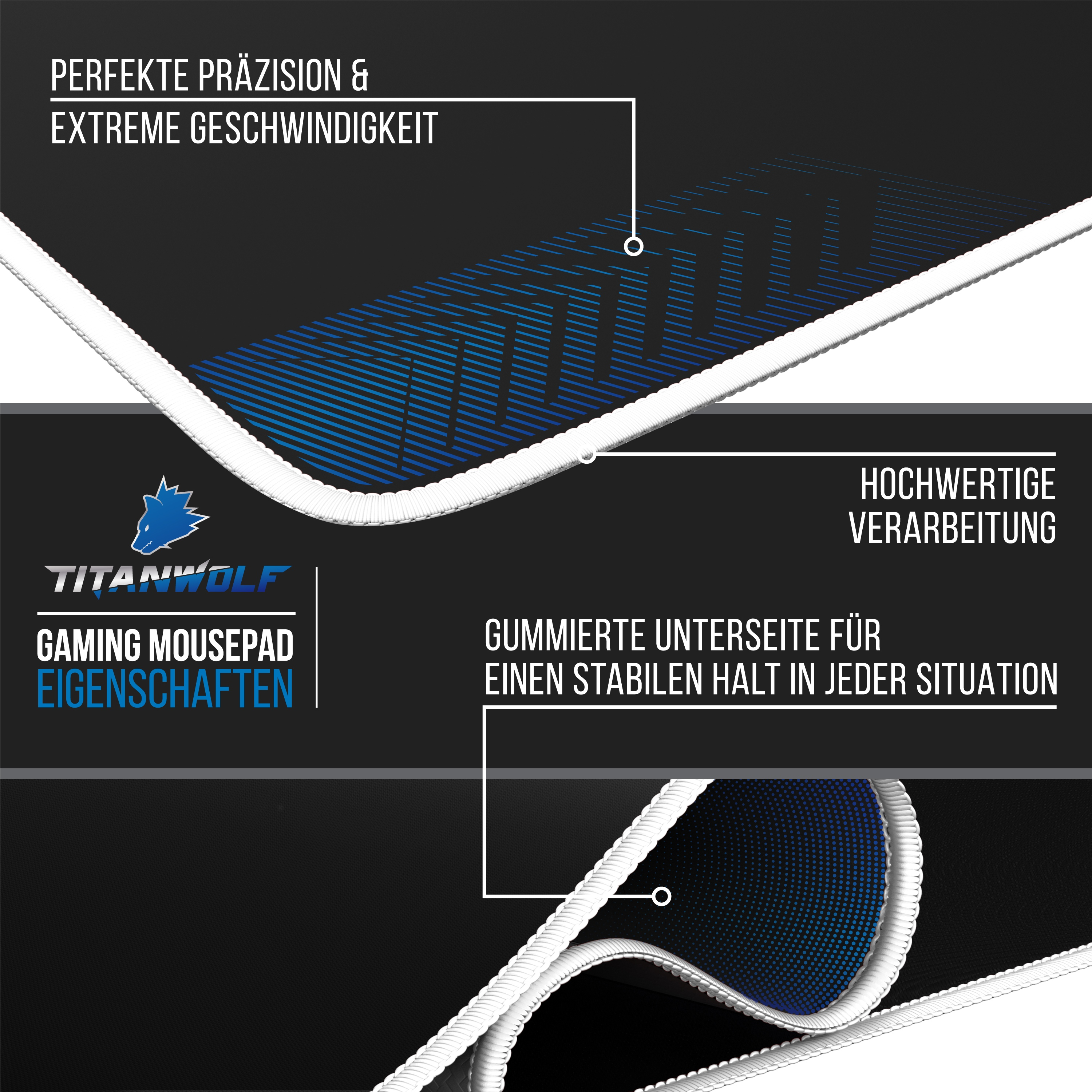 Detail des Gaming-Mauspads. Schwarze Oberfläche mit blauem Design und weißem Rand. Text auf Deutsch.