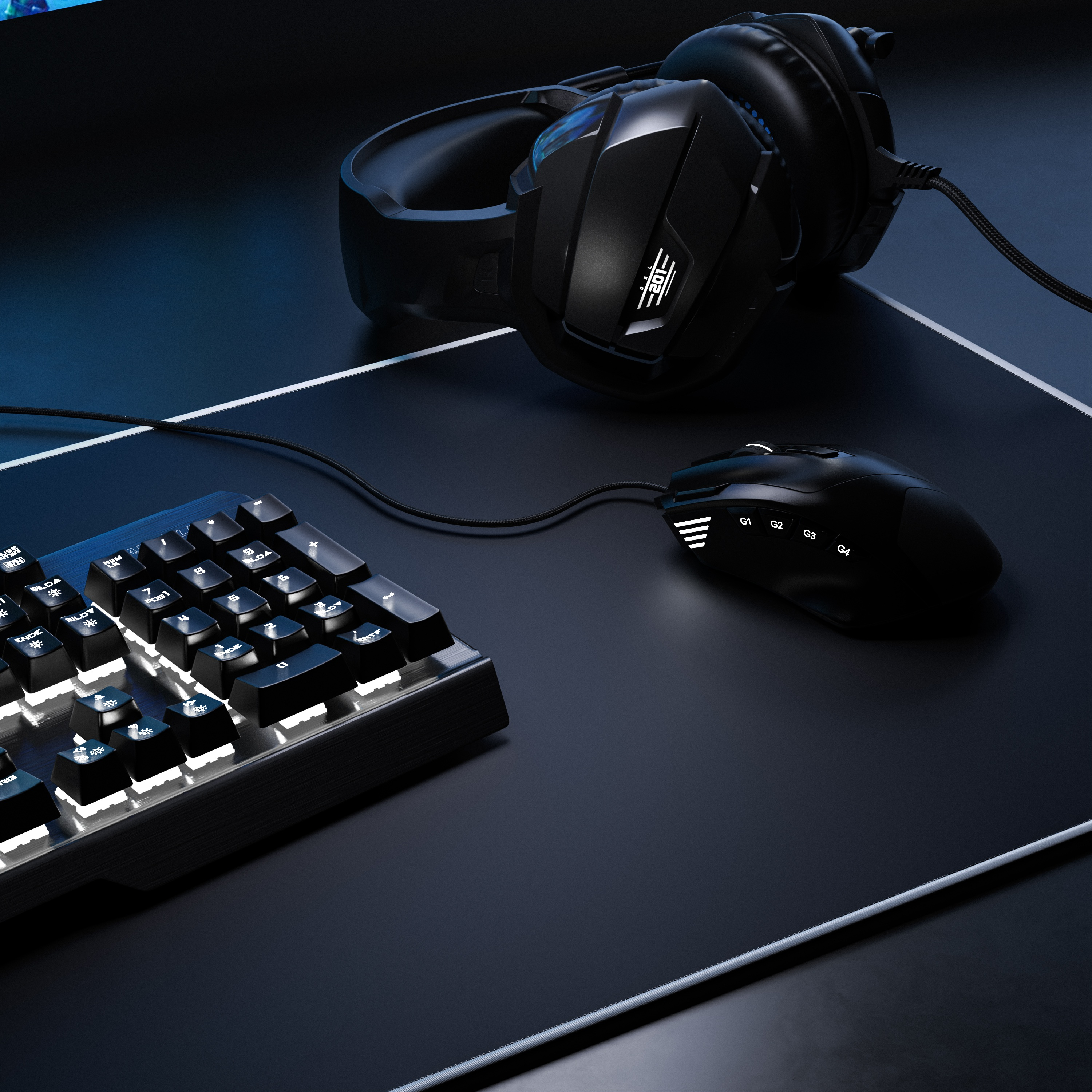 Ein Gaming-Setup mit Tastatur, Maus und Headset auf dunkler Oberfläche. Die Tastatur ist beleuchtet.