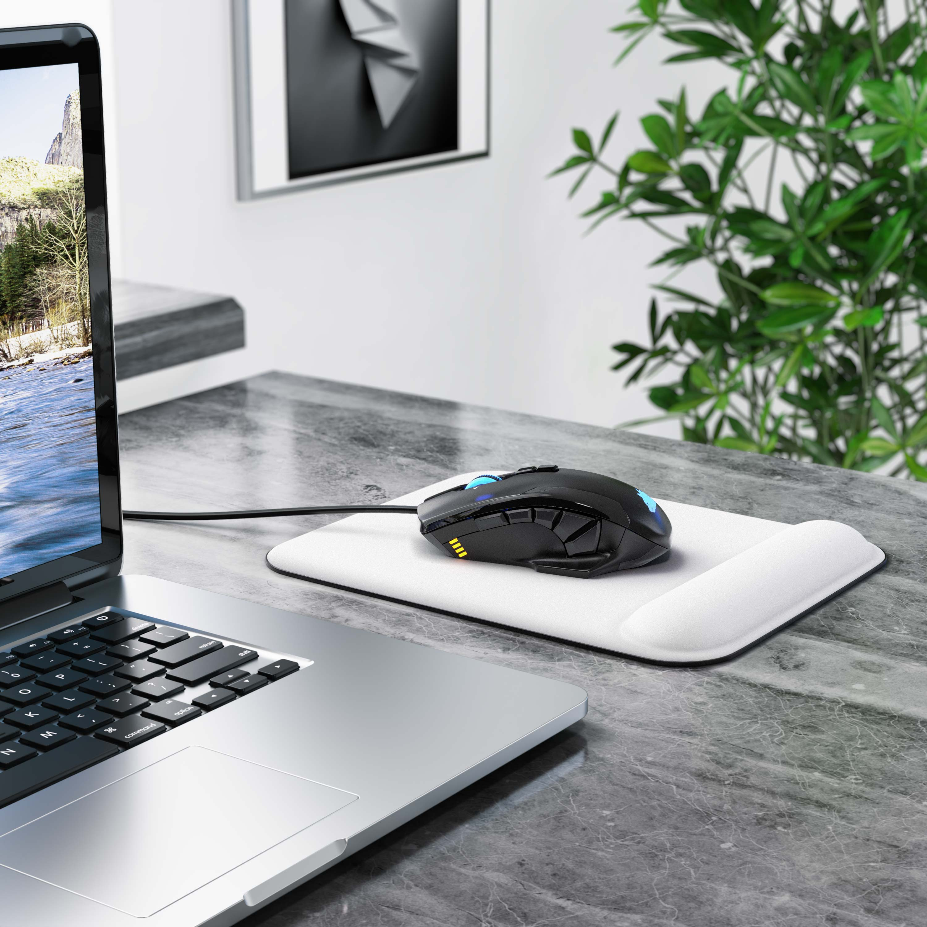 Laptop mit Bergbildschirm. Schwarze Maus auf weißem Pad mit Handgelenkstütze. Grüne Pflanze im Hintergrund.