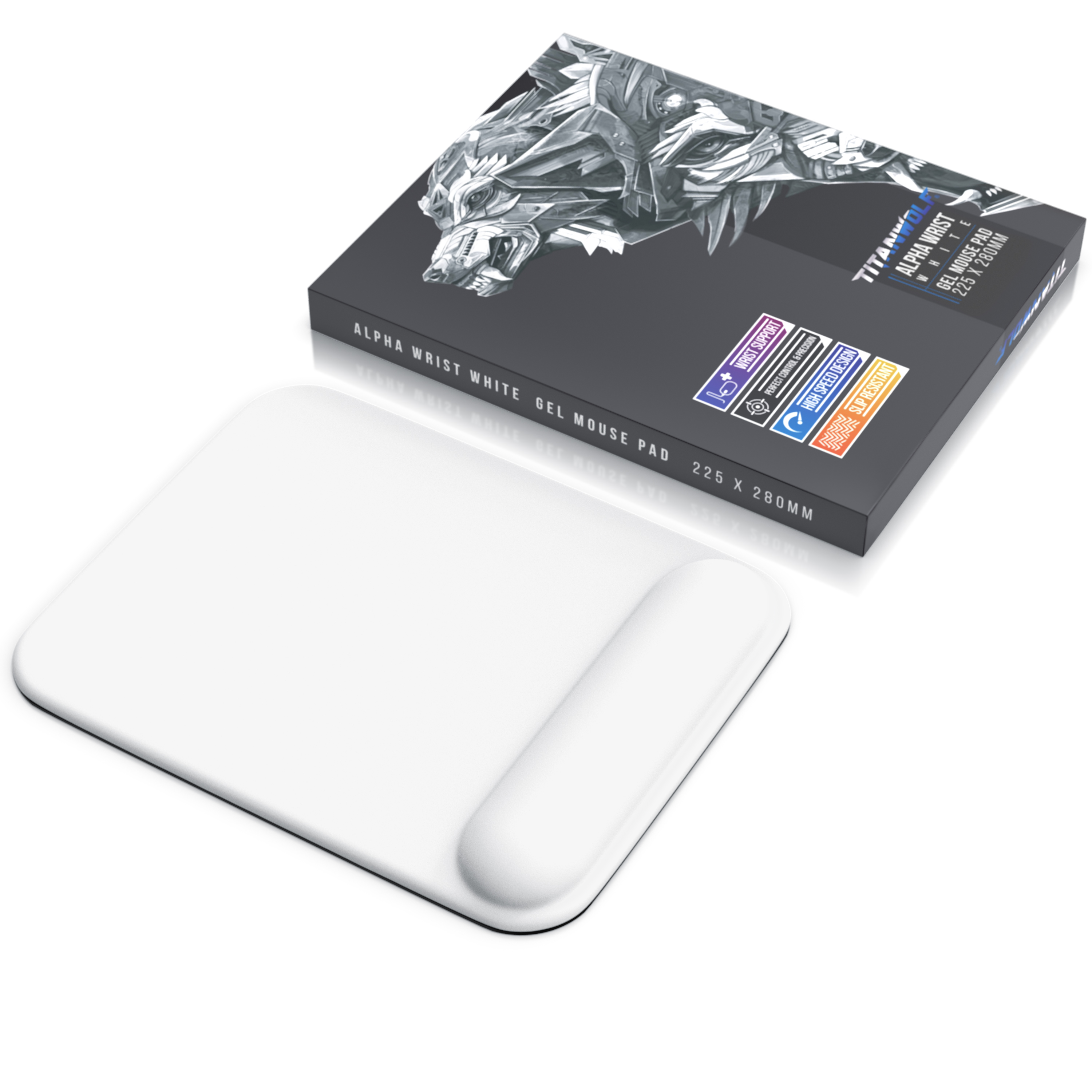 Ein weißes Gel-Mauspad mit Handgelenkstütze und eine Schachtel mit einem Wolfsbild.