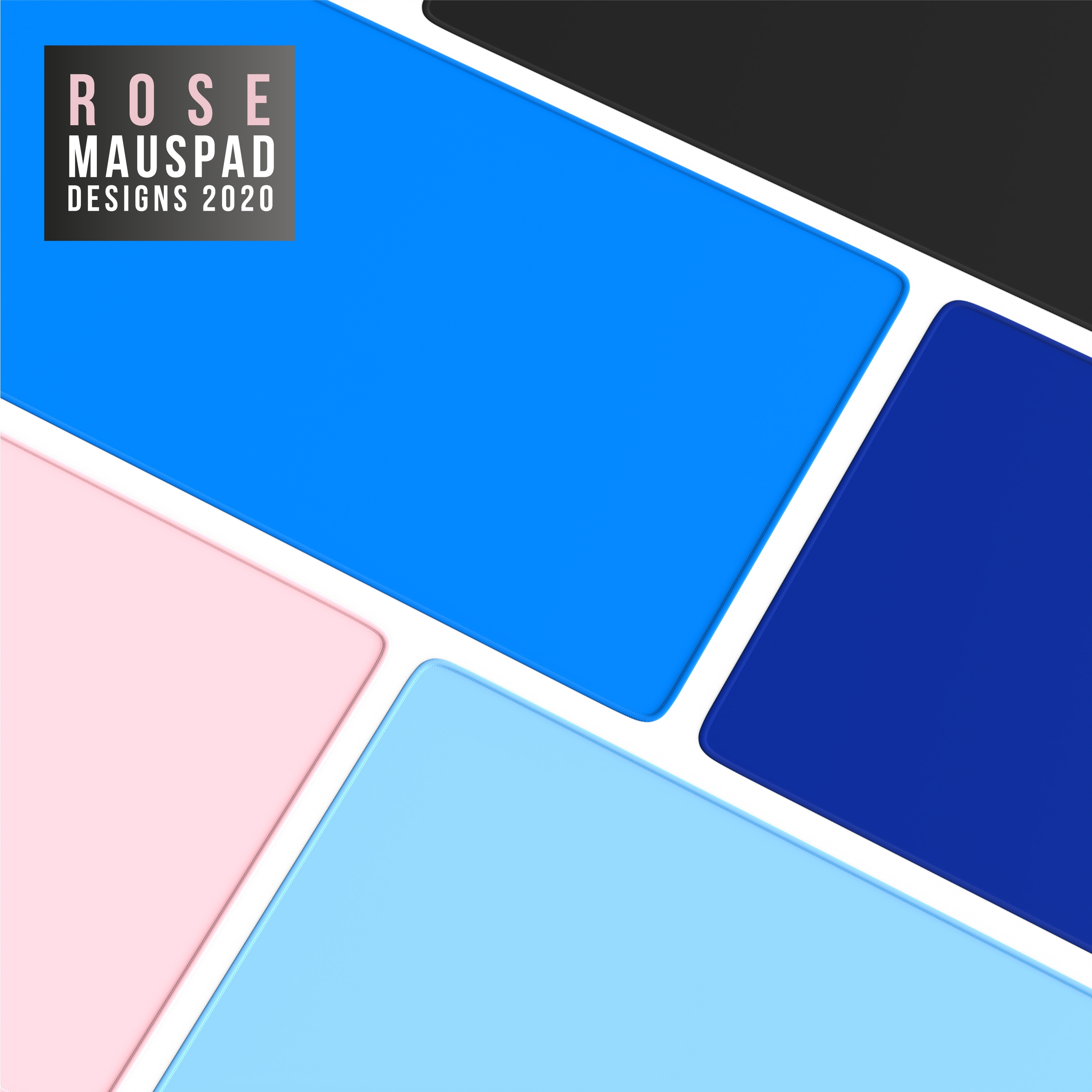 Abstraktes Design mit geometrischen Formen in Rosa, Blau, Dunkelblau und Schwarz. Ein Logo zeigt 'ROSE MAUSPAD DESIGNS 2020'.