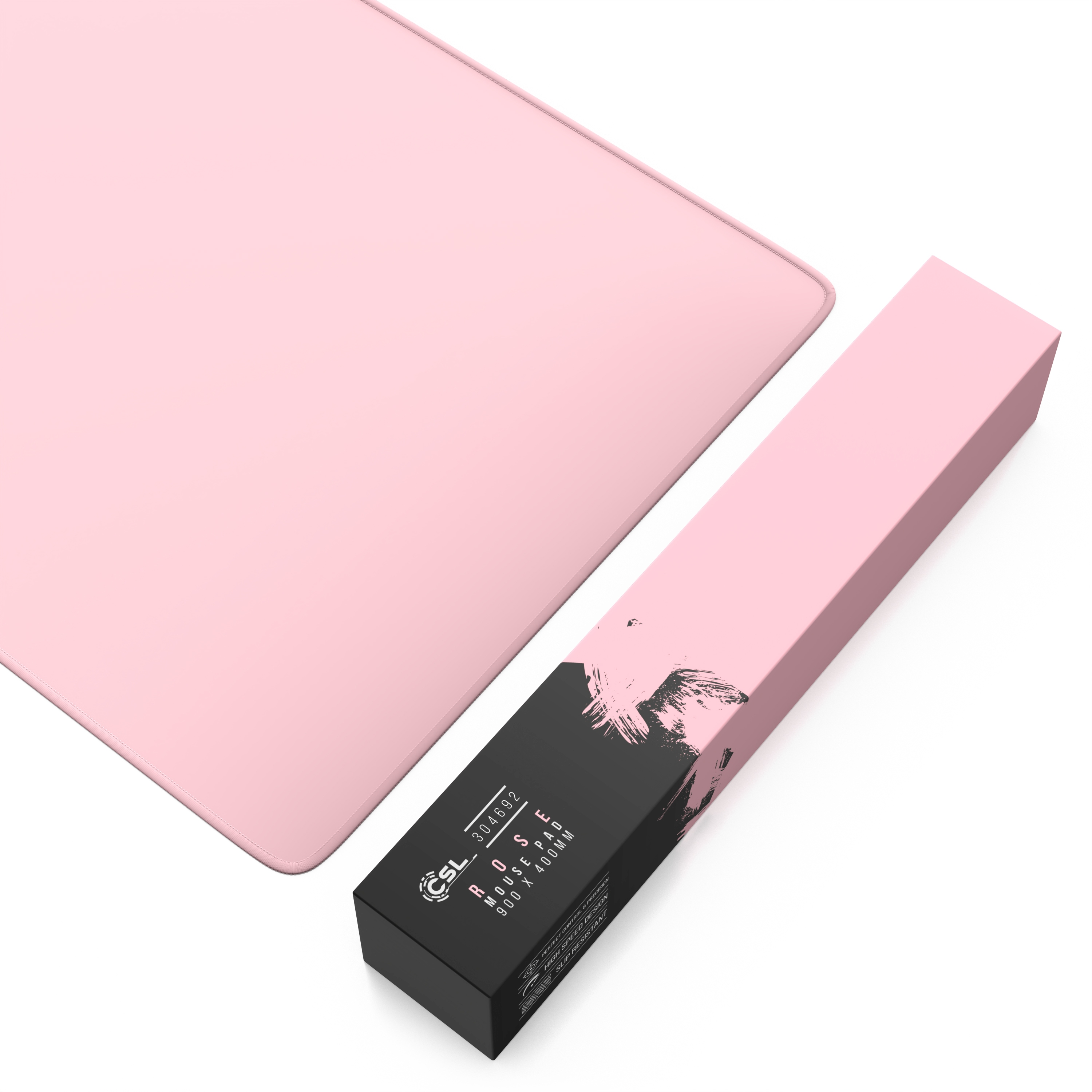 Ein rosa Mauspad und eine rosa-schwarze Box. Auf der Box steht "ROSE MOUSE PAD". Weißer Hintergrund.