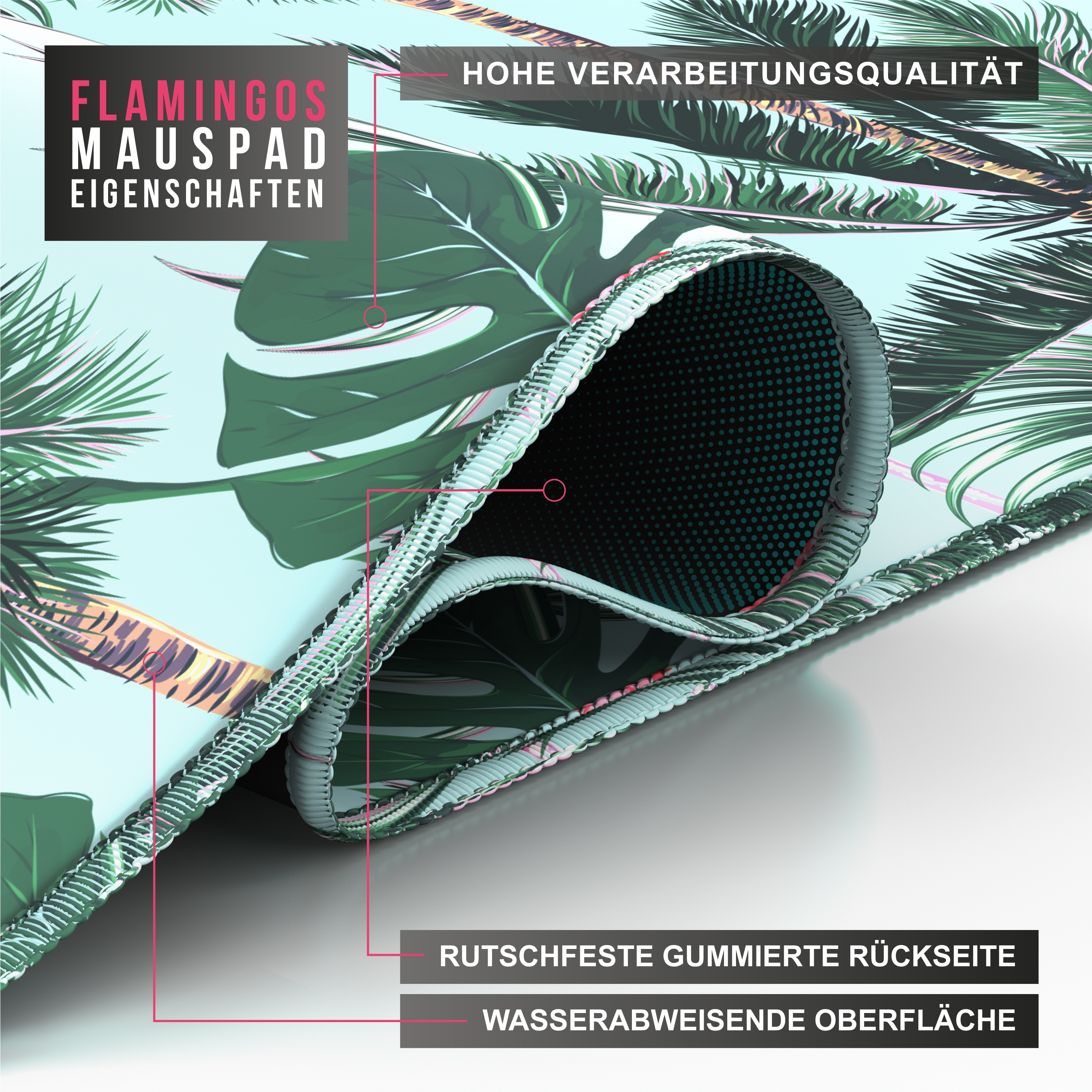 Mousepad mit tropischem Blattdesign. Text: Flamingos, Mauspad, Eigenschaften. Rutschfeste Gummiunterseite, wasserabweisende Oberfläche.