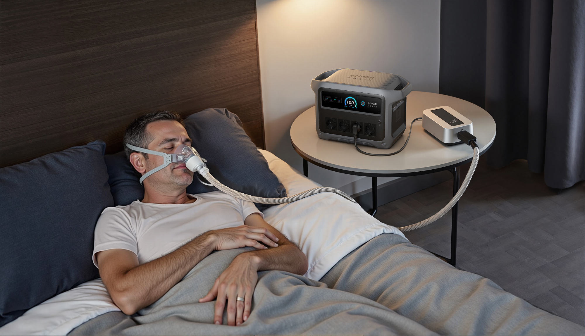 Mężczyzna w masce CPAP w łóżku. Szara stacja zasilania i białe urządzenie na stole. Sypialnia w szaro-brązowej tonacji.